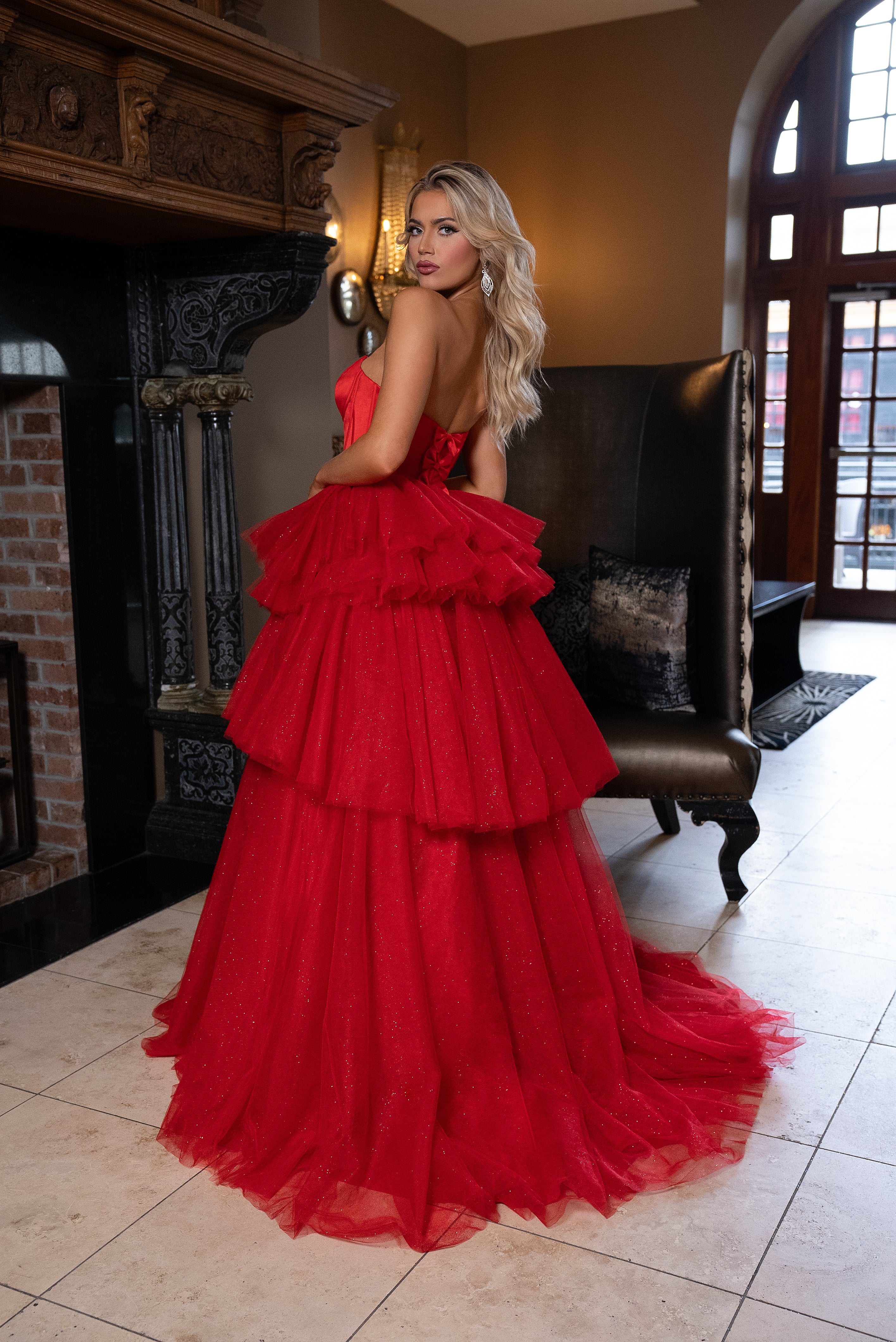 Prom Dresses Glitter Long Tiered Ball Gown Formal Prom Dress Red