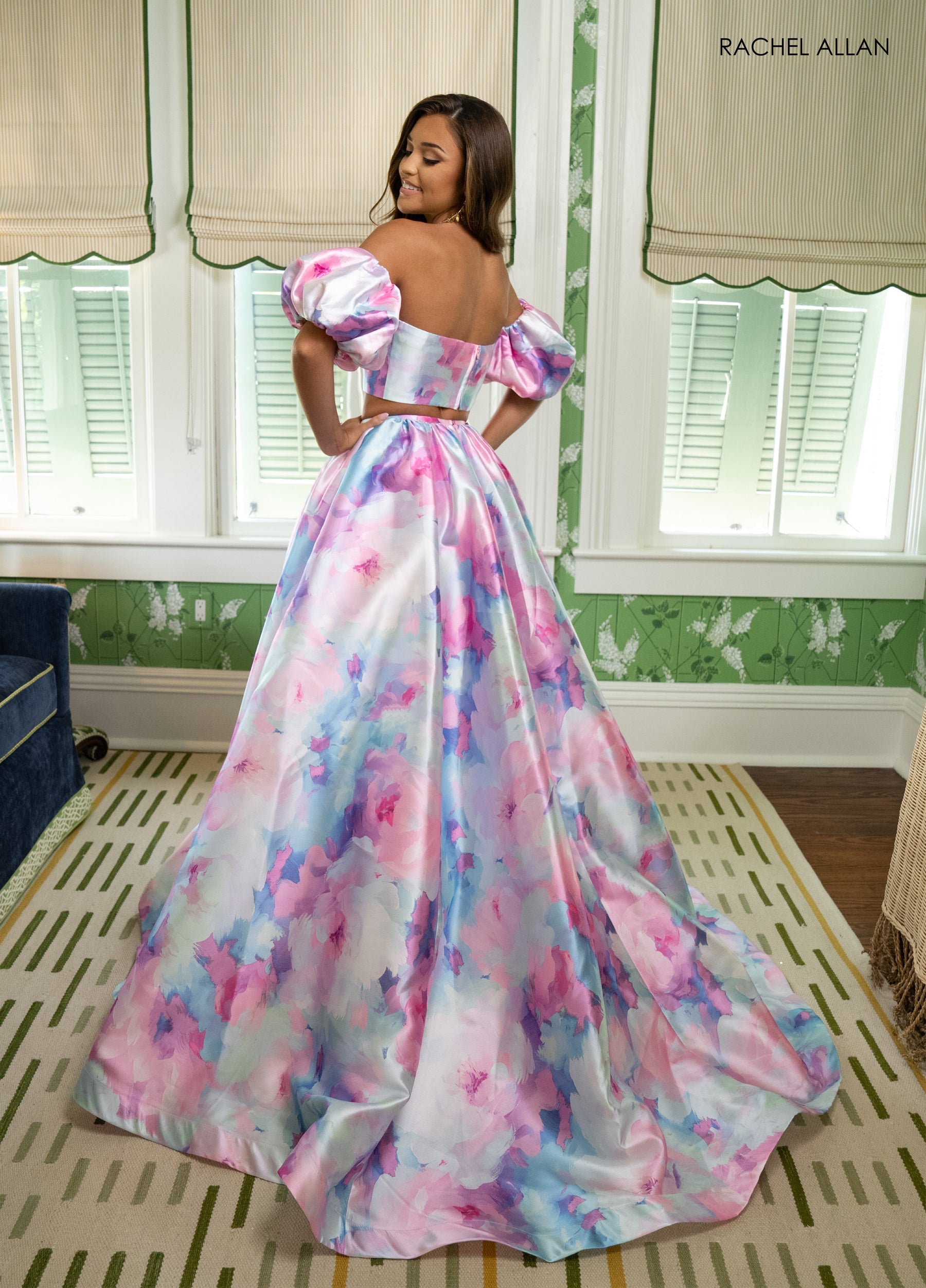 Prom Dresses Two Piece Floral A Line Prom Dress Pink Multi