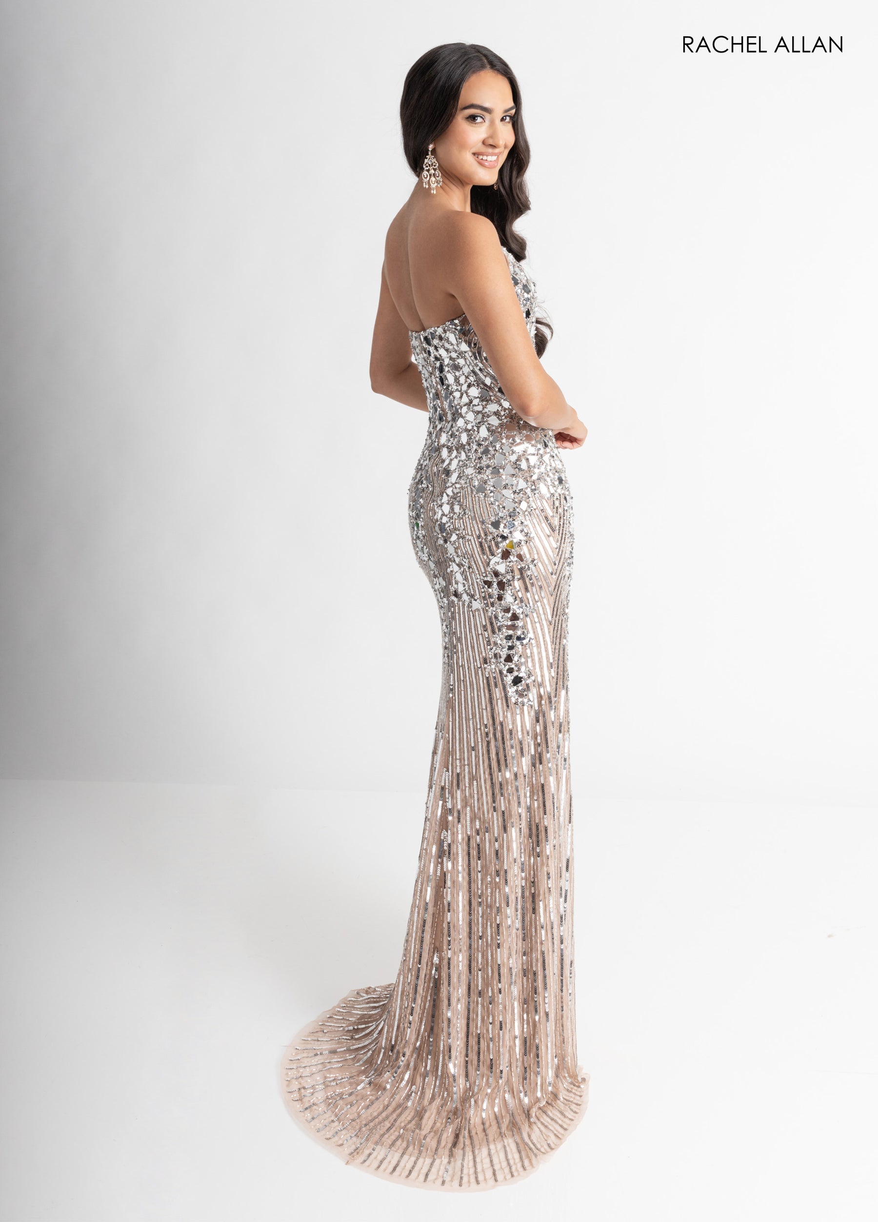Prom Dresses Long Evening Beaded Slit Prom Dress Nude Silver