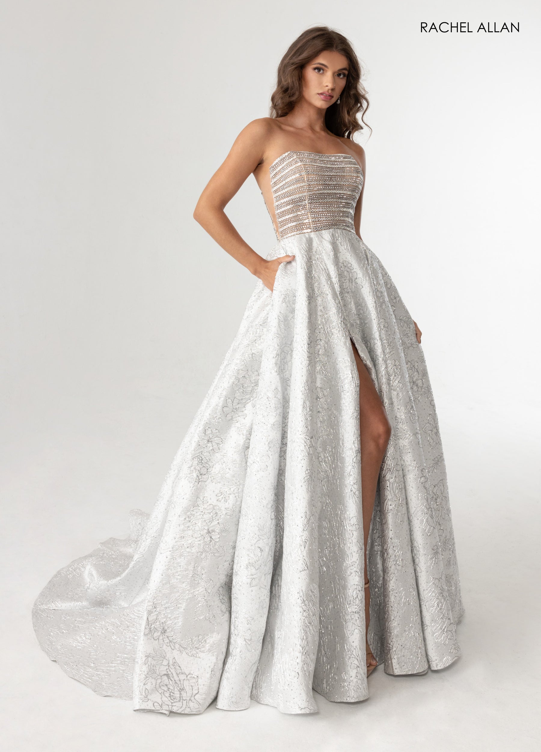 Prom Dresses Long Formal Beaded Corset Ball Gown Silver Nude