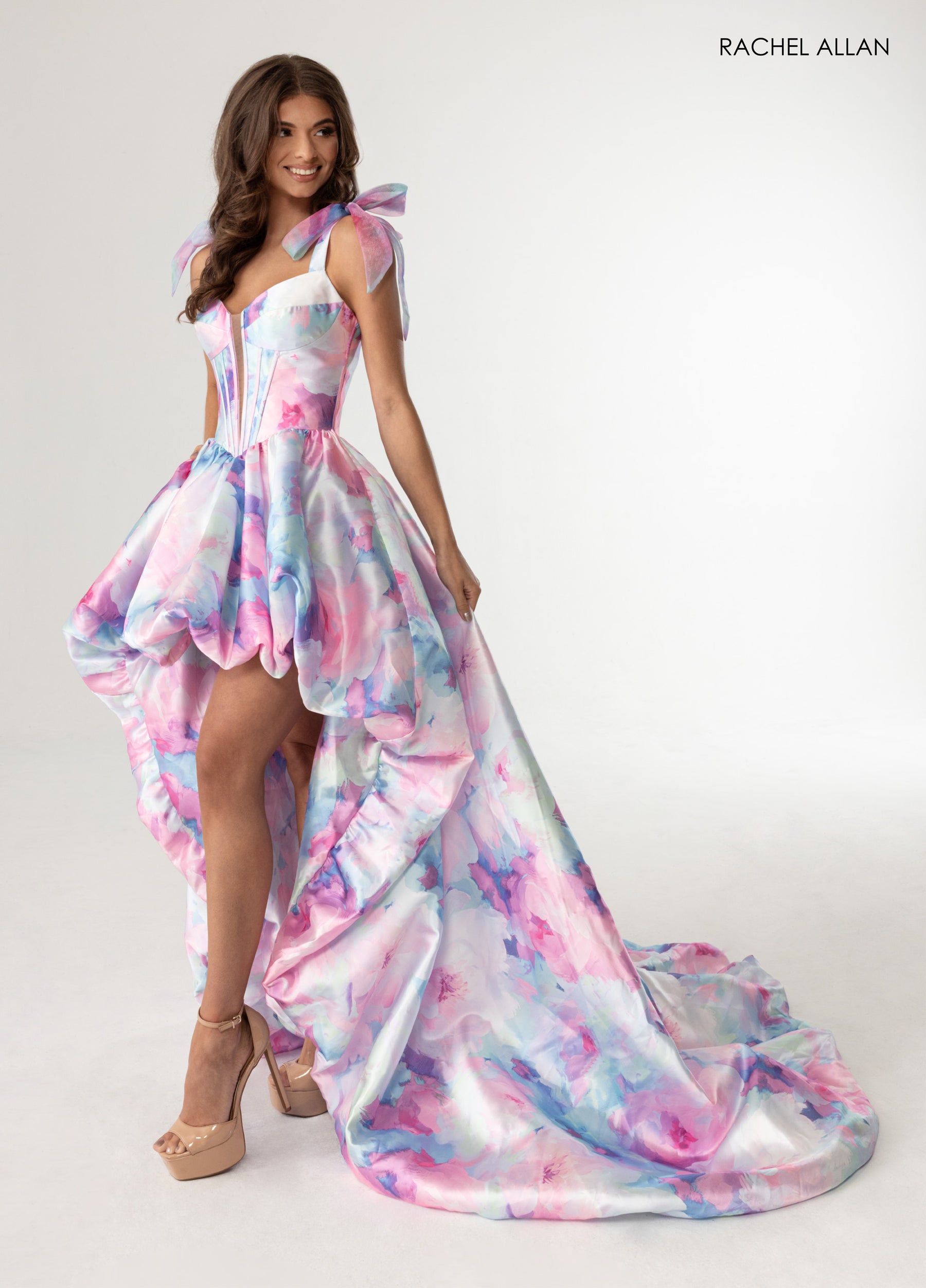 Prom Dresses Floral Print Corset High Low Prom Dress Pink Multi