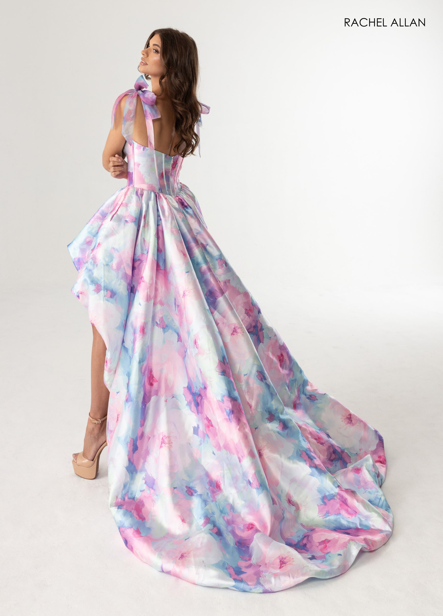 Prom Dresses Floral Print Corset High Low Prom Dress Pink Multi