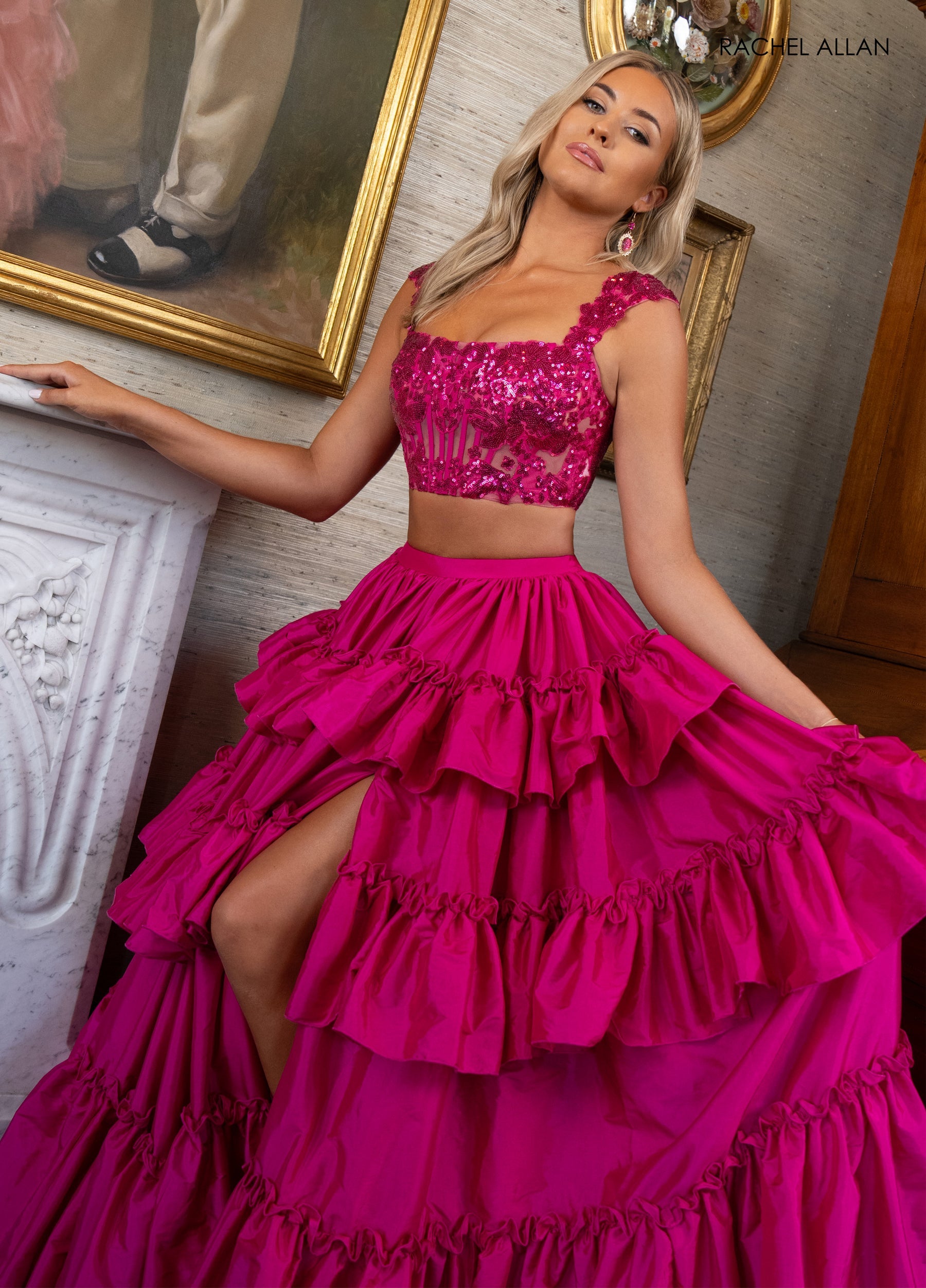 Prom Dresses Two Piece Long Formal Sequin Dress Fuchsia