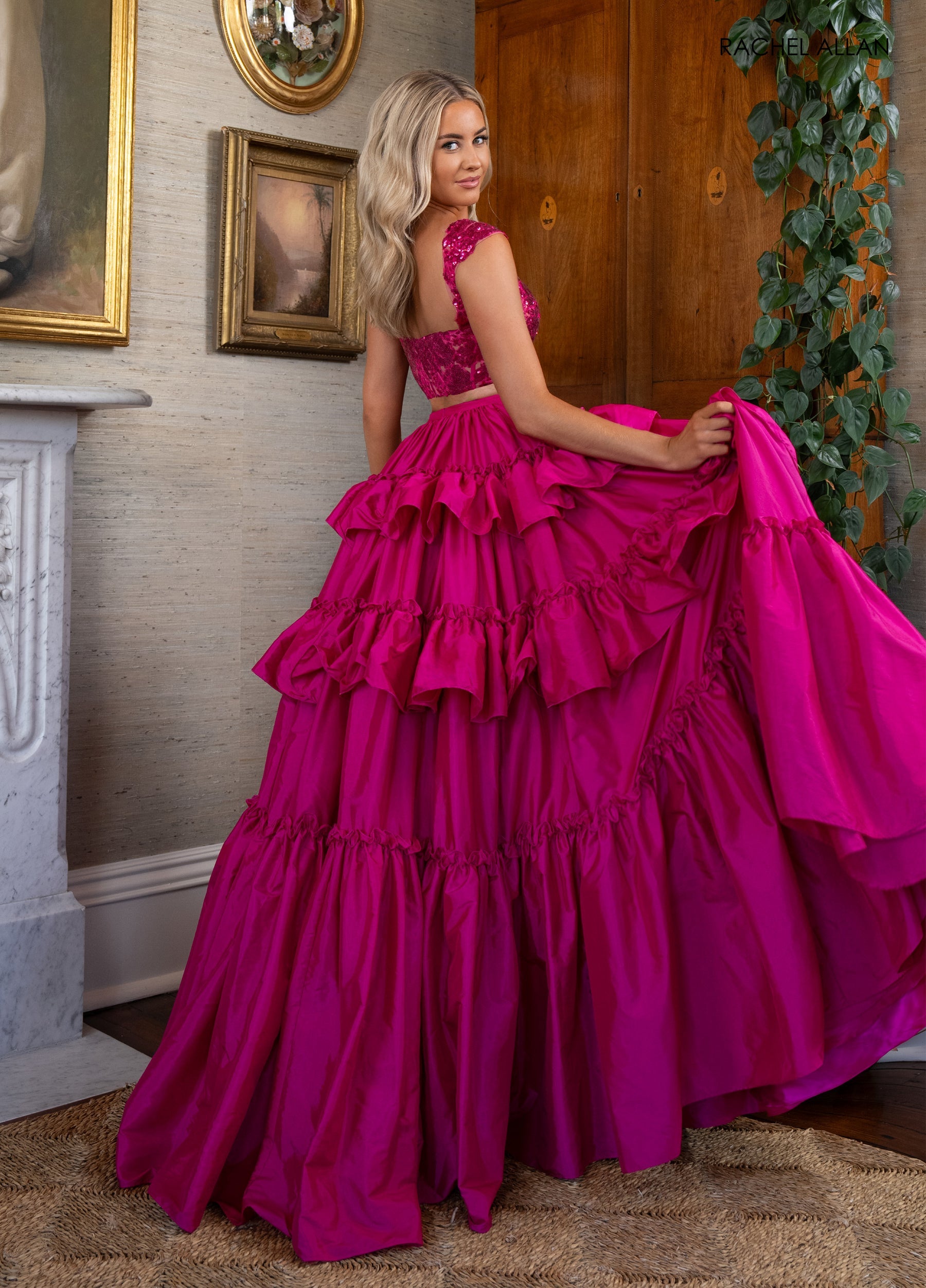 Prom Dresses Two Piece Long Formal Sequin Dress Fuchsia