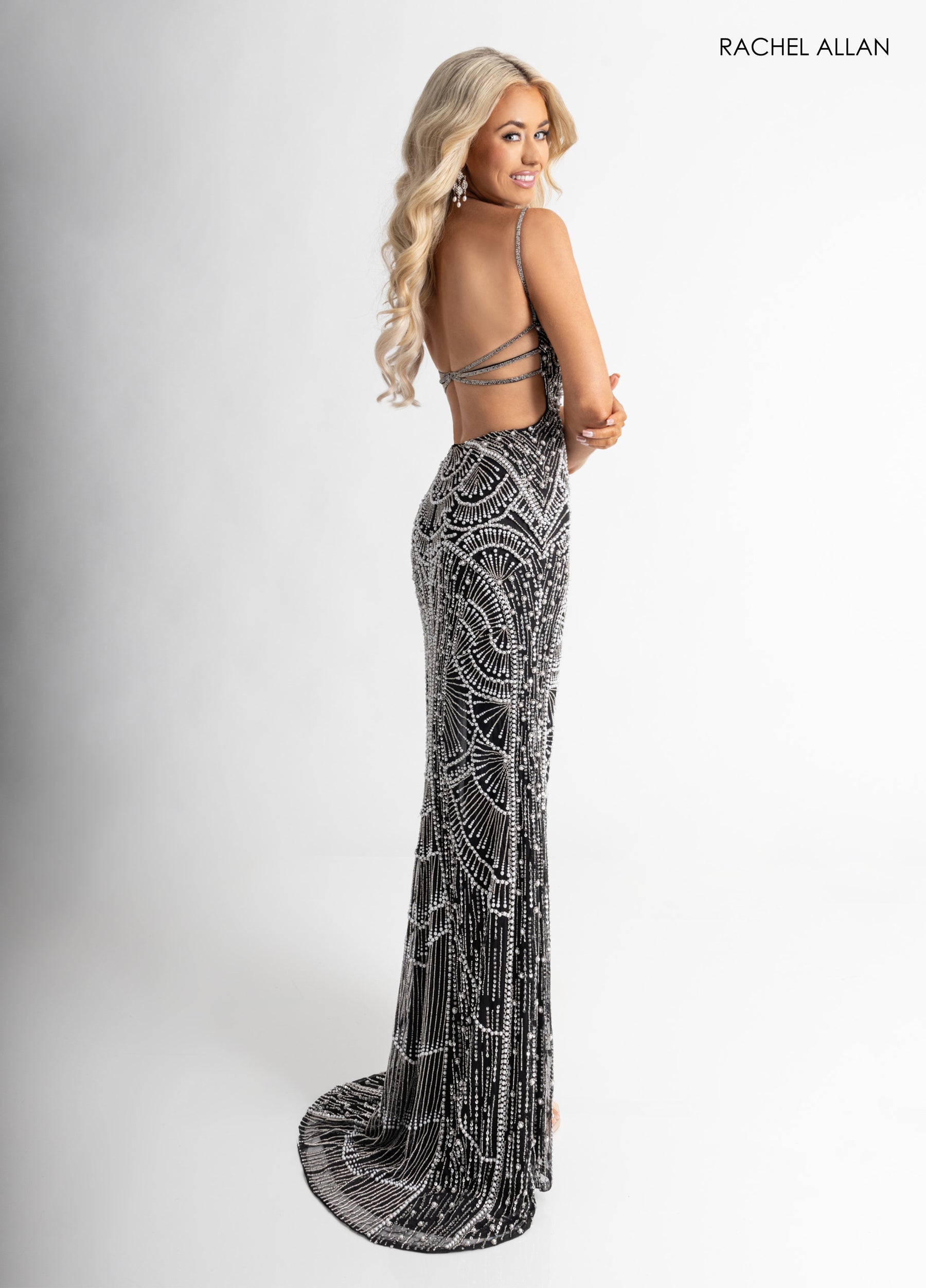 Prom Dresses Beaded Fitted Evening Slit Prom Dress Black White