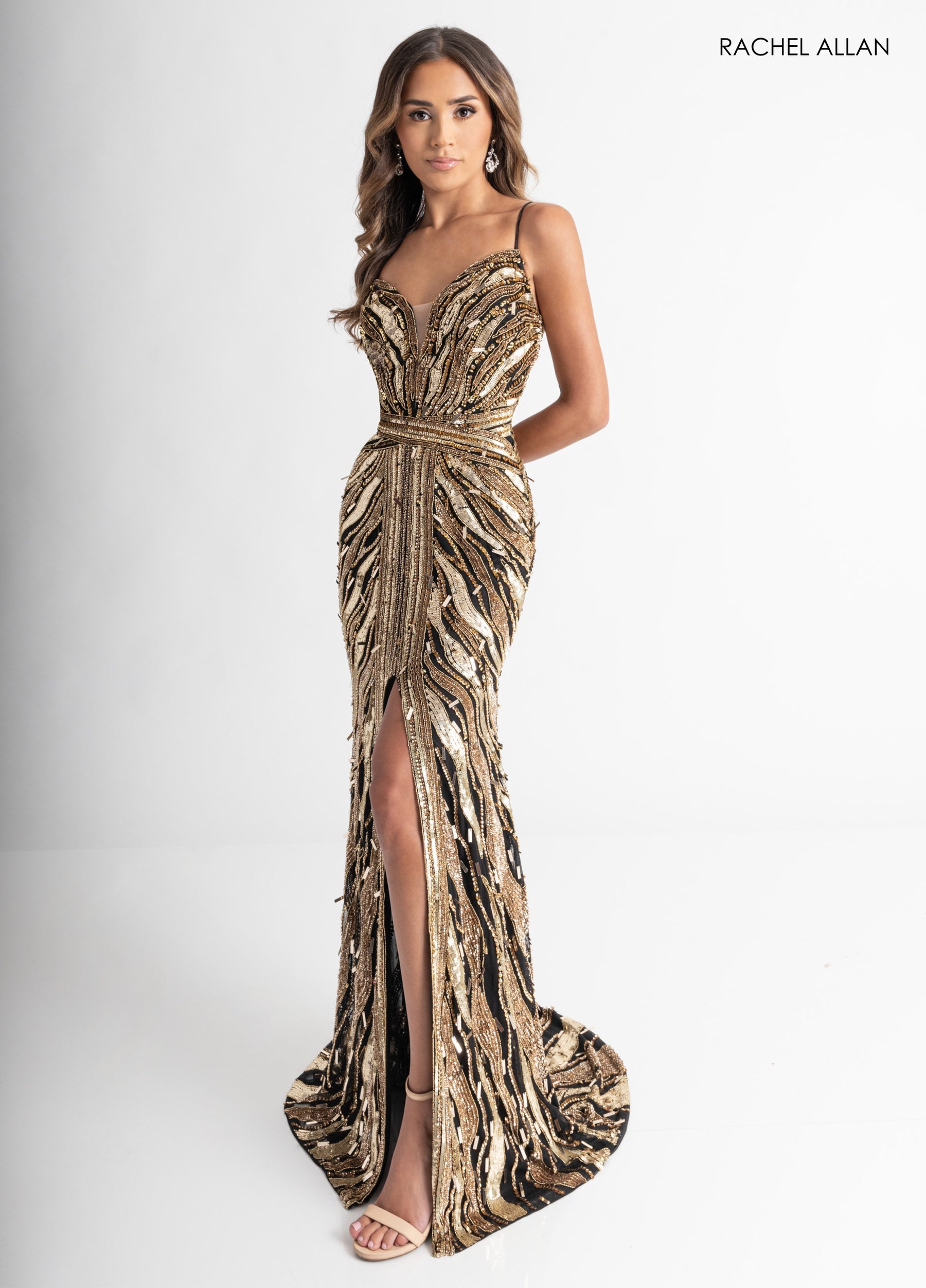 Prom Dresses Long Fitted Sequin Slit Prom Dress Black Gold