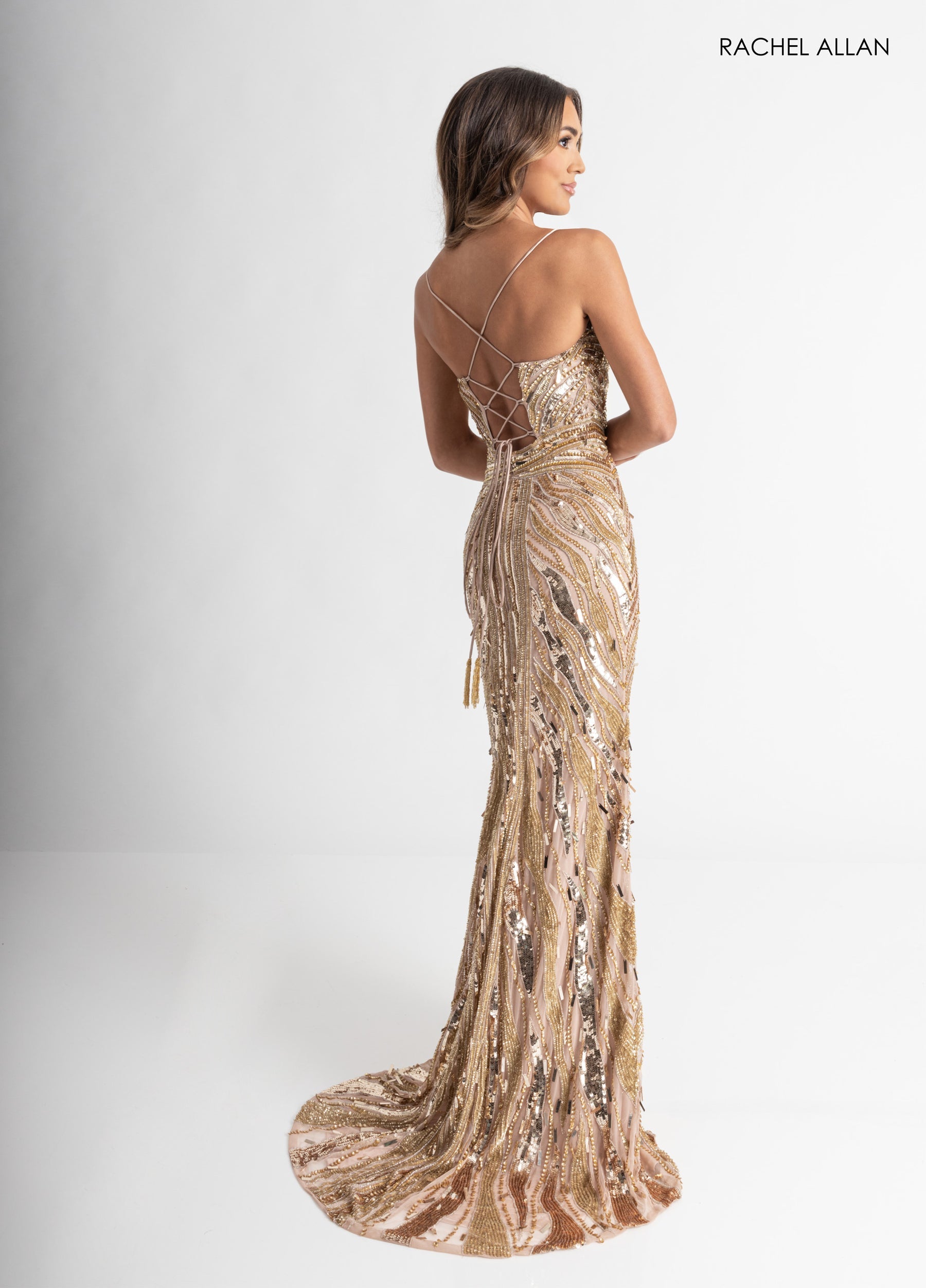 Prom Dresses Long Fitted Sequin Slit Prom Dress Nude Gold