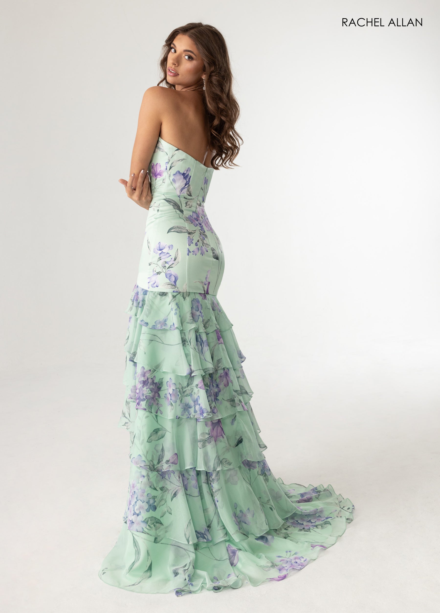 Prom Dresses Floral Print Ruffle Long Prom Dress Sage Multi