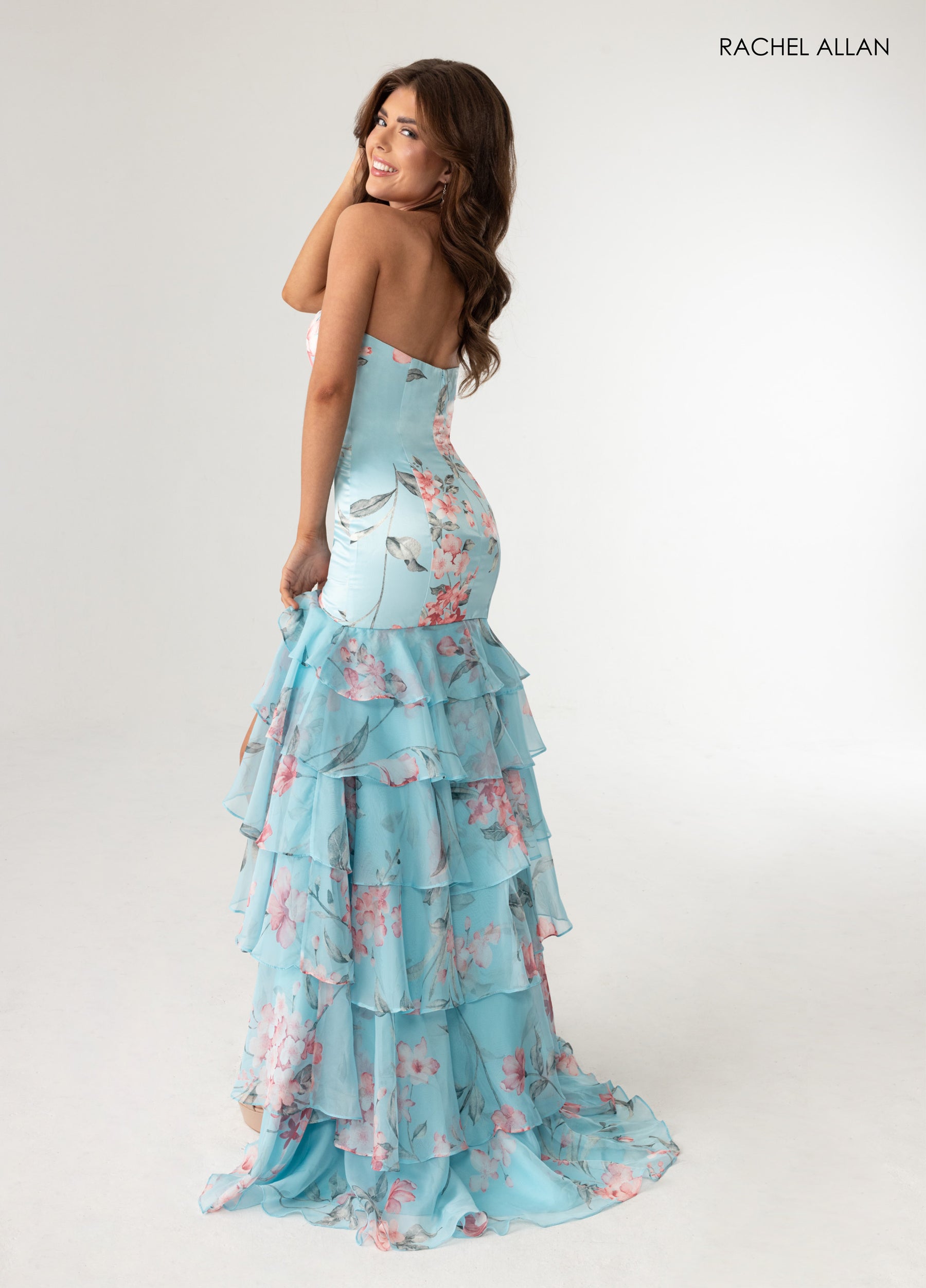 Prom Dresses Floral Print Ruffle Long Prom Dress Sky Blue Multi