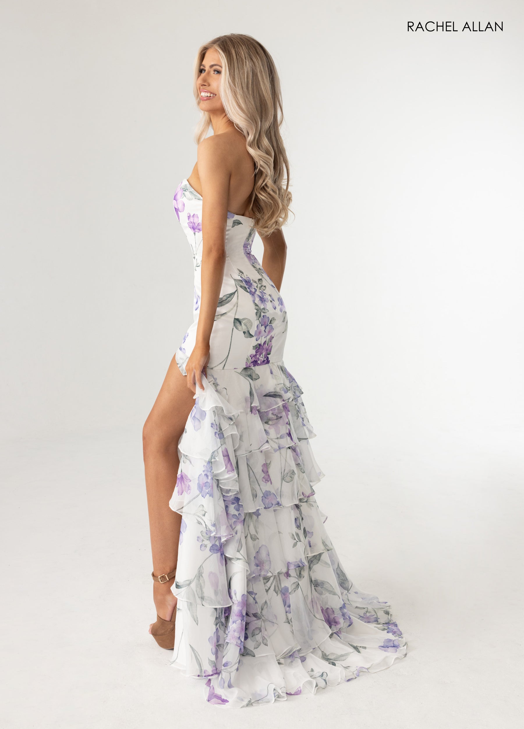 Prom Dresses Floral Print Ruffle Long Prom Dress White Multi