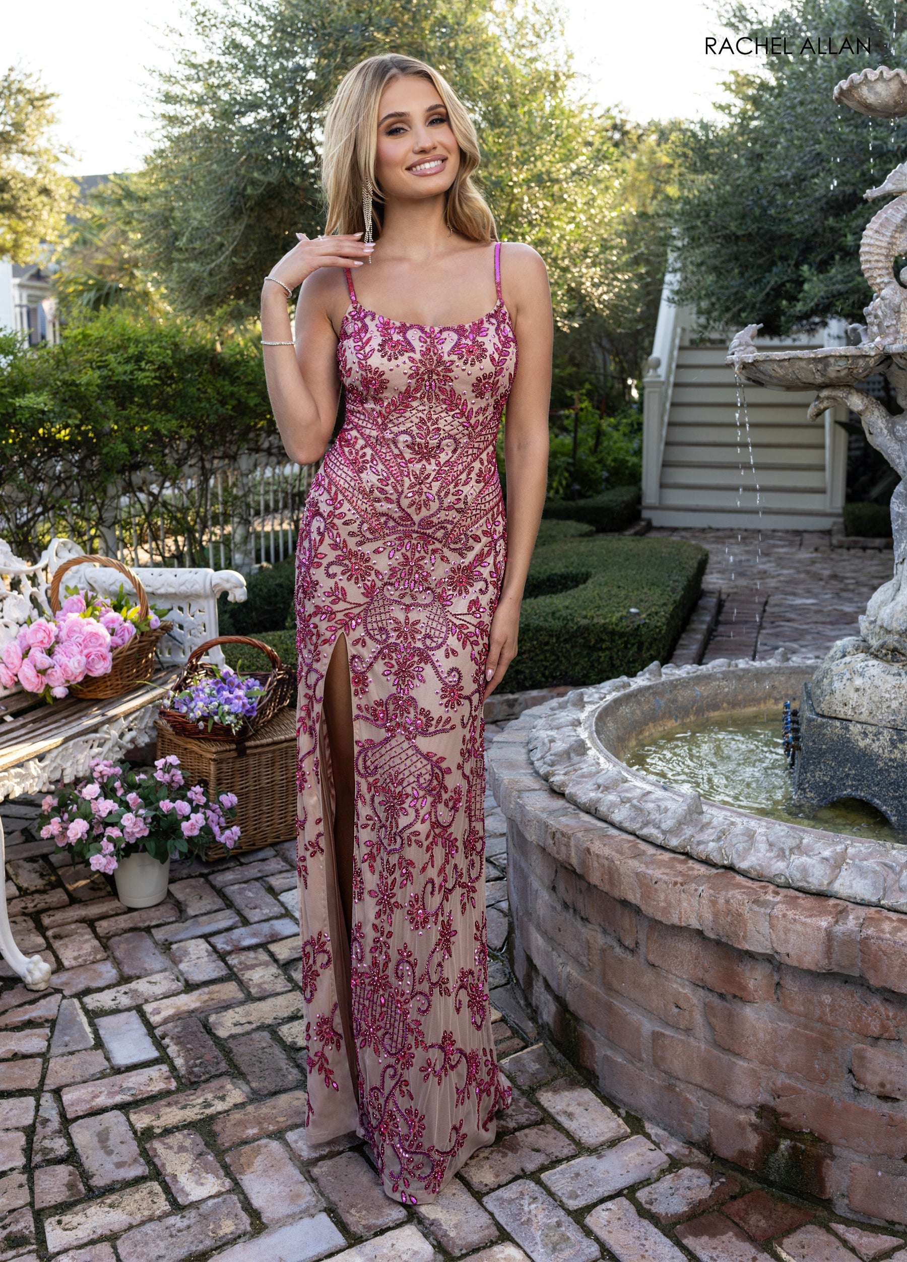 Rachel Allan 70999 Fitted Long Formal Prom Corset Dress - Nude Hot Pink / 12