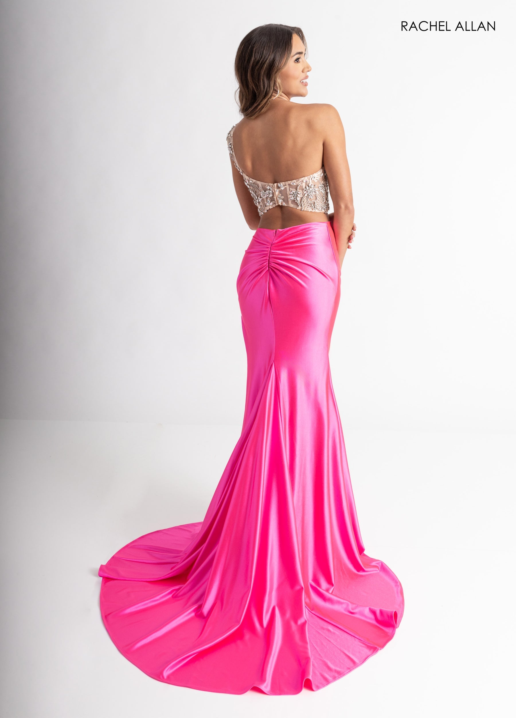Prom Dresses Long Fitted Beaded Two Piece Dress Hot Pink Nude
