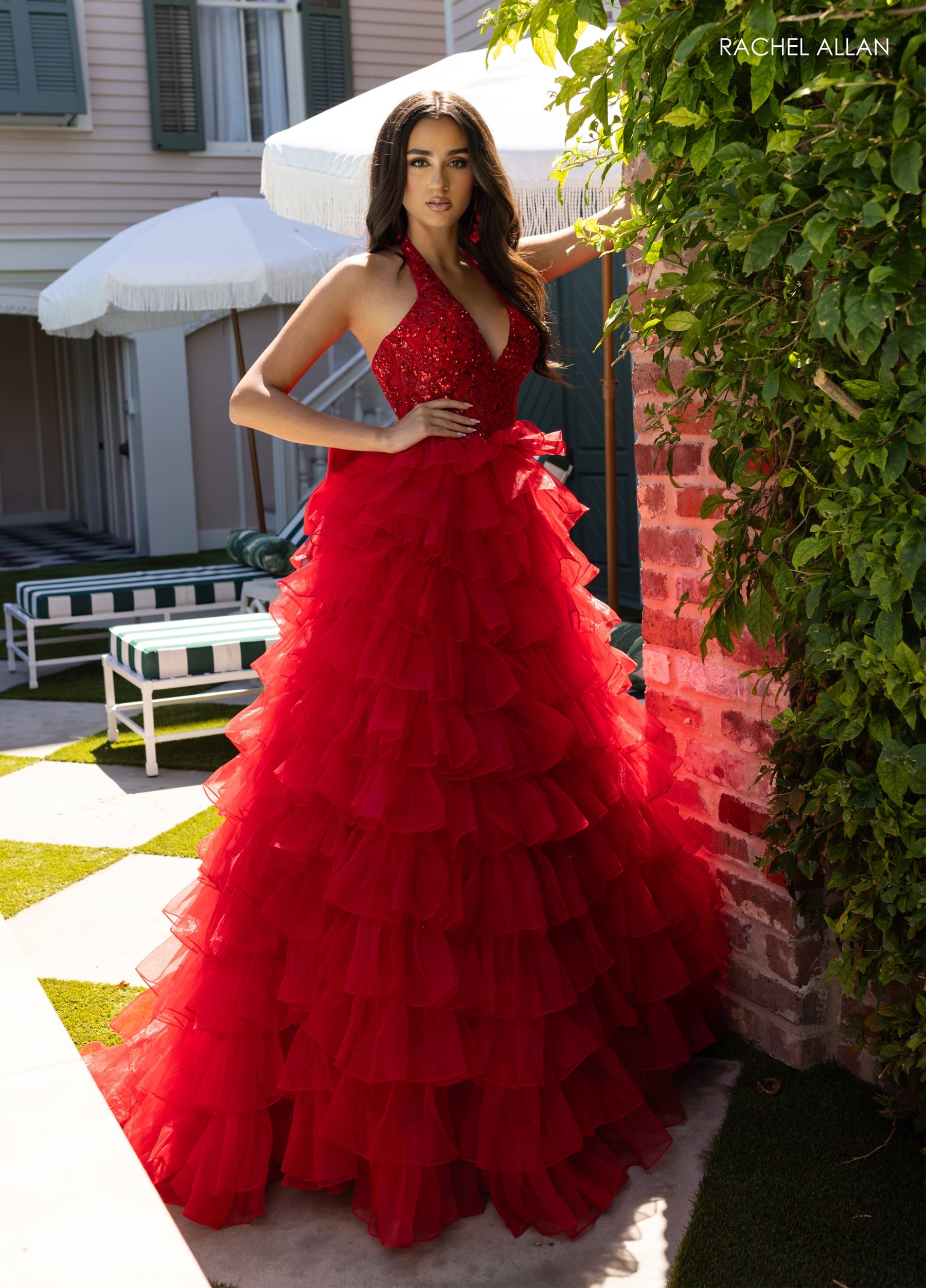 open lace back dress Red Maxi Dress With Ruffle Split main image 1