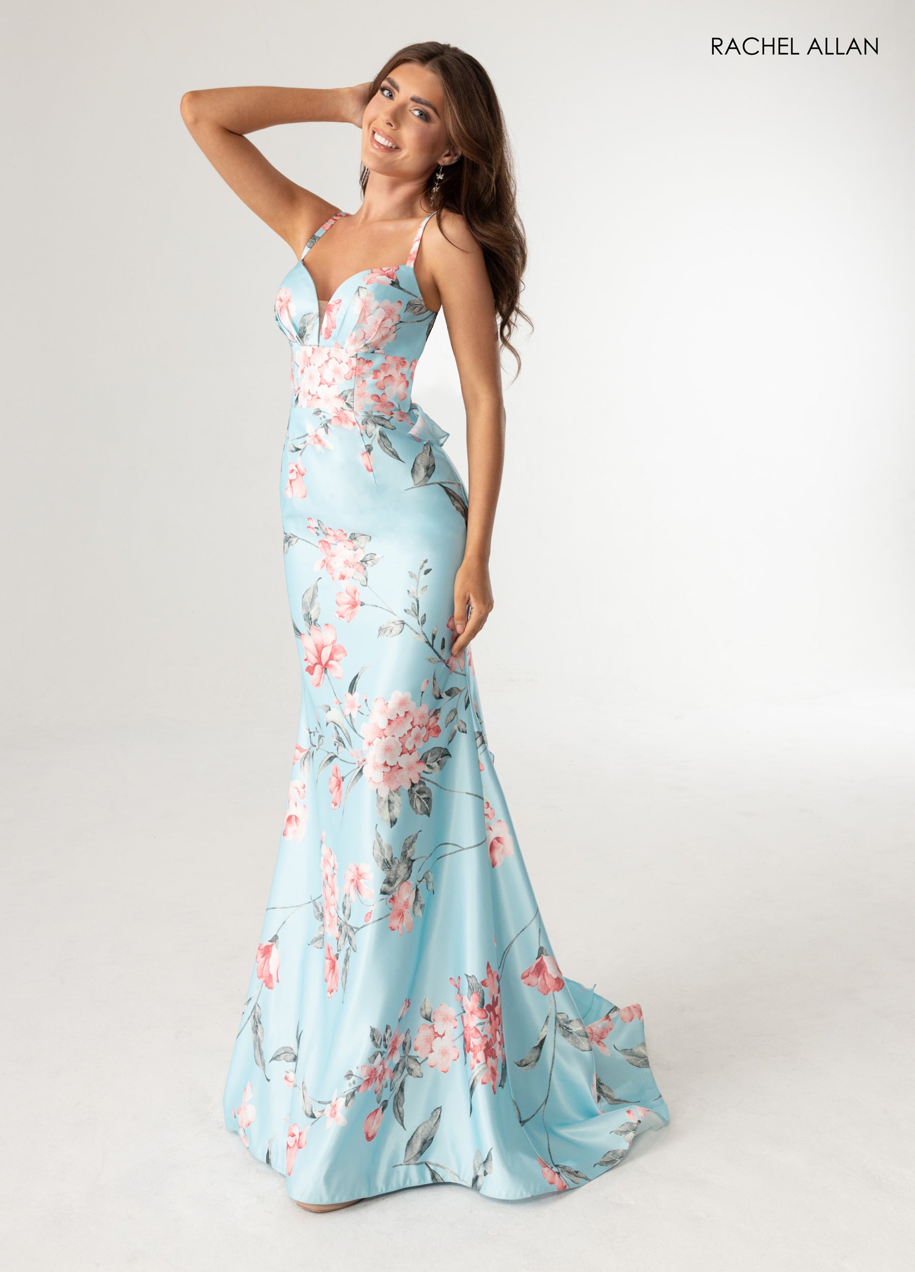 Prom Dresses Long Floral Print Ruffle Prom Dress Sky Blue Multi