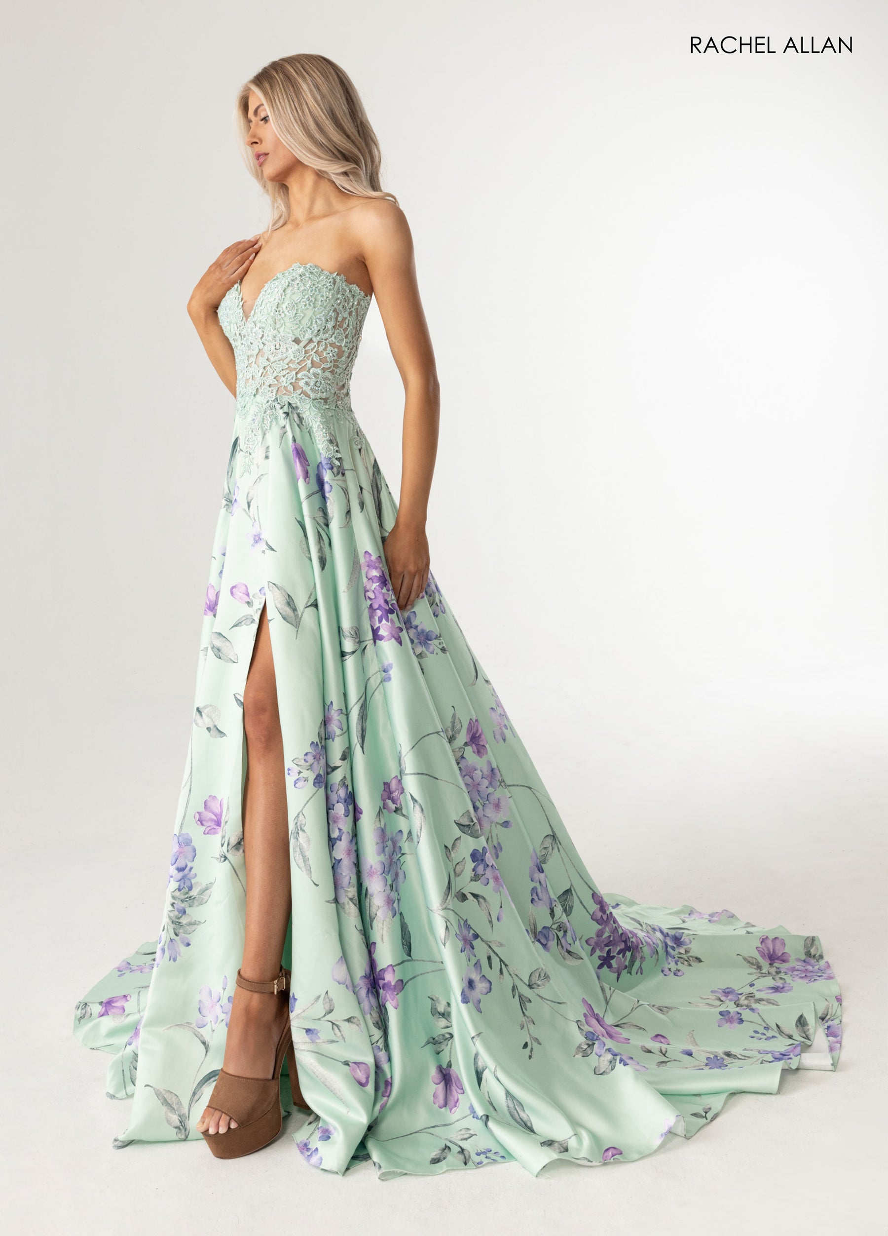 Prom Dresses Lace Applique Floral Print Prom Dress Sage Multi