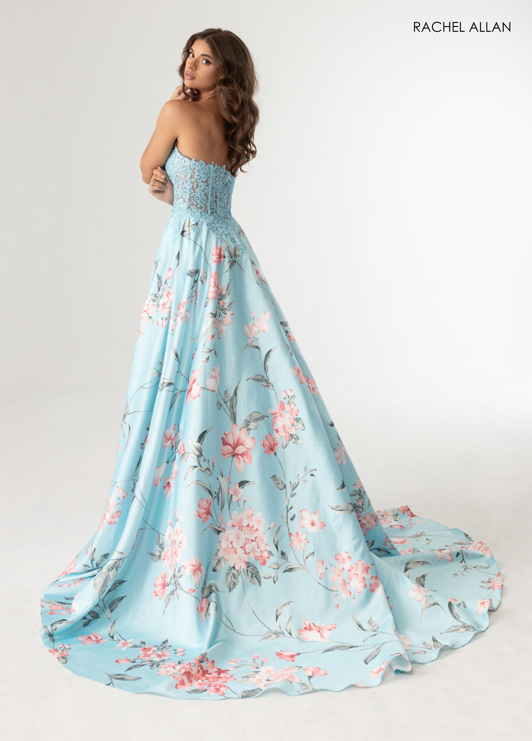 Prom Dresses Lace Applique Floral Print Prom Dress Sky Blue Multi