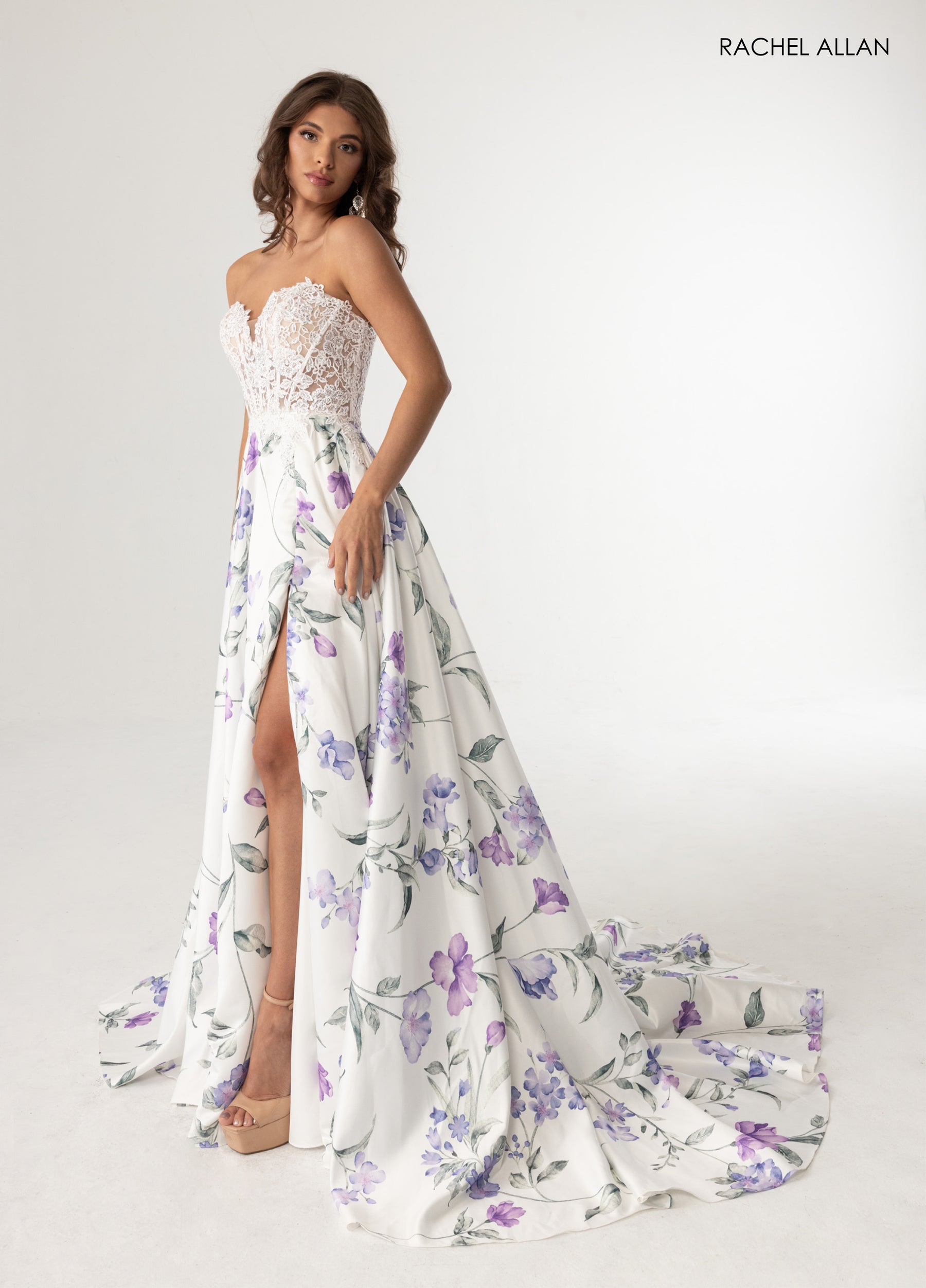 Prom Dresses Lace Applique Floral Print Prom Dress White Multi