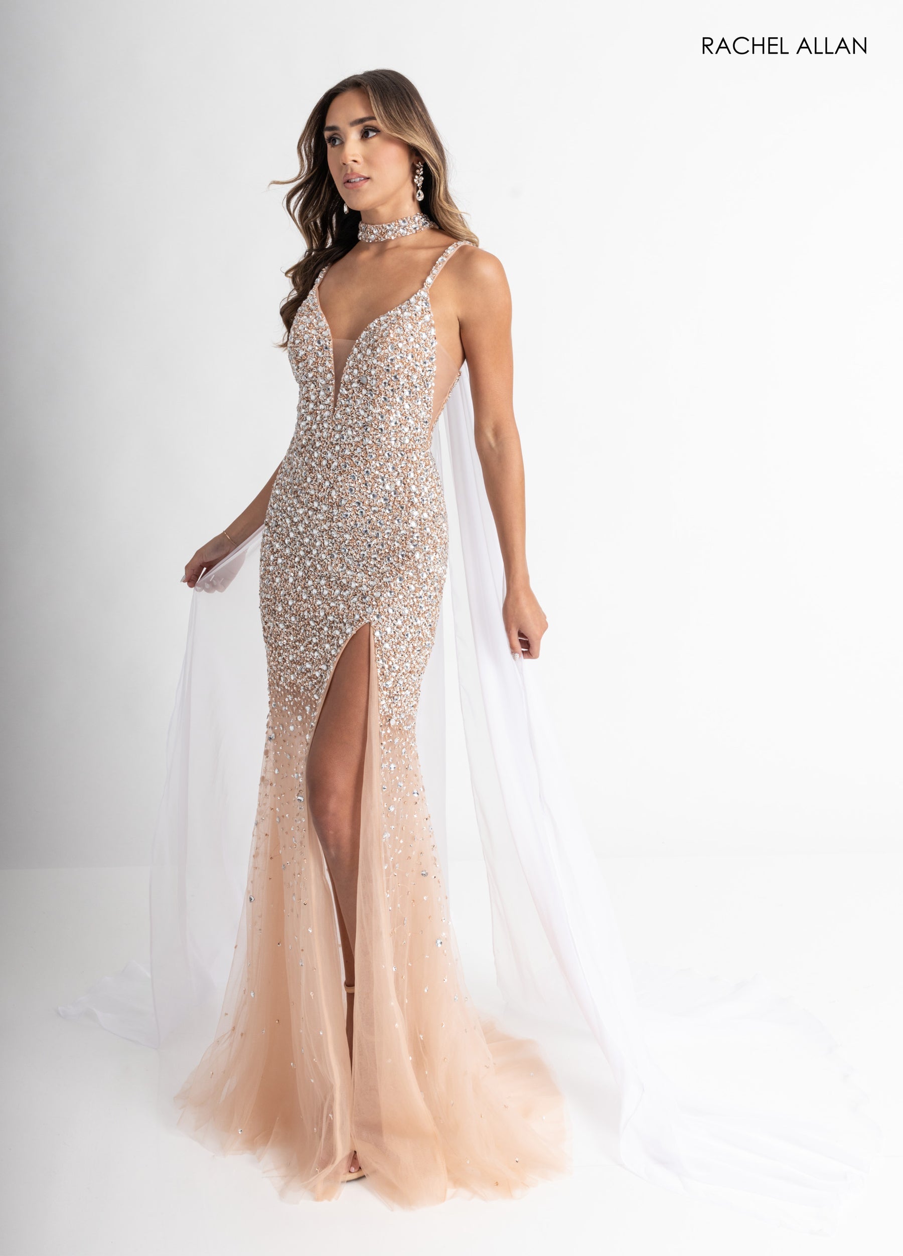Prom Dresses Long Formal Beaded Slit Prom Dress Nude White
