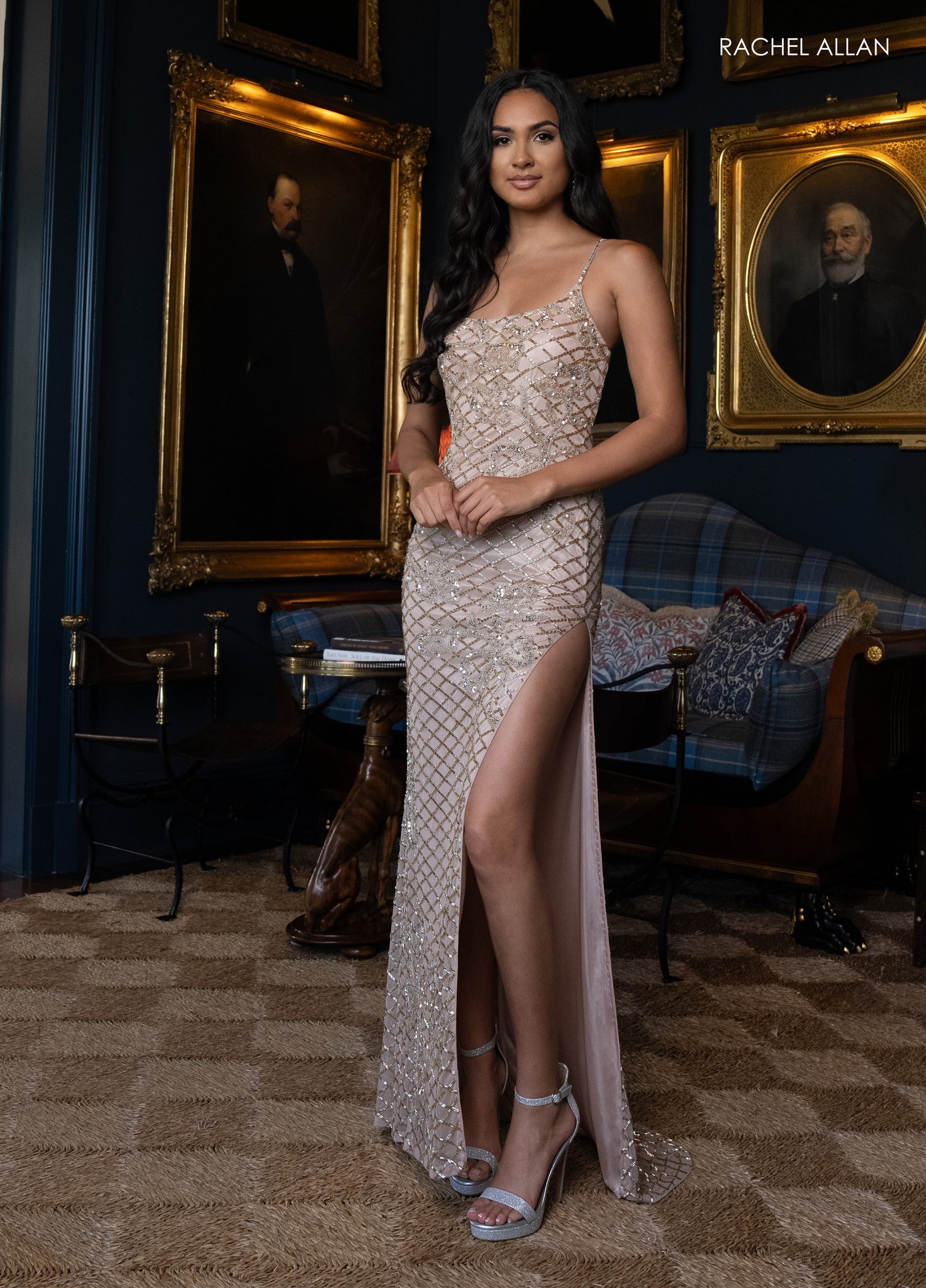 Prom Dresses Slit Fitted Beaded Prom Dress Nude Gold