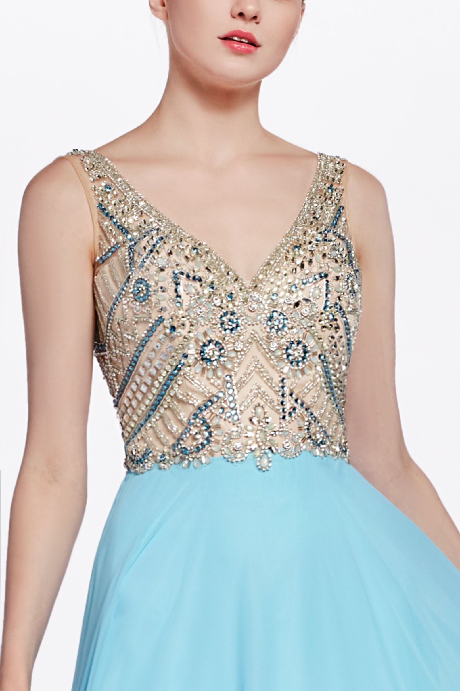 Prom Dresses long Fornal A line Beaded Prom Dress Sky Blue