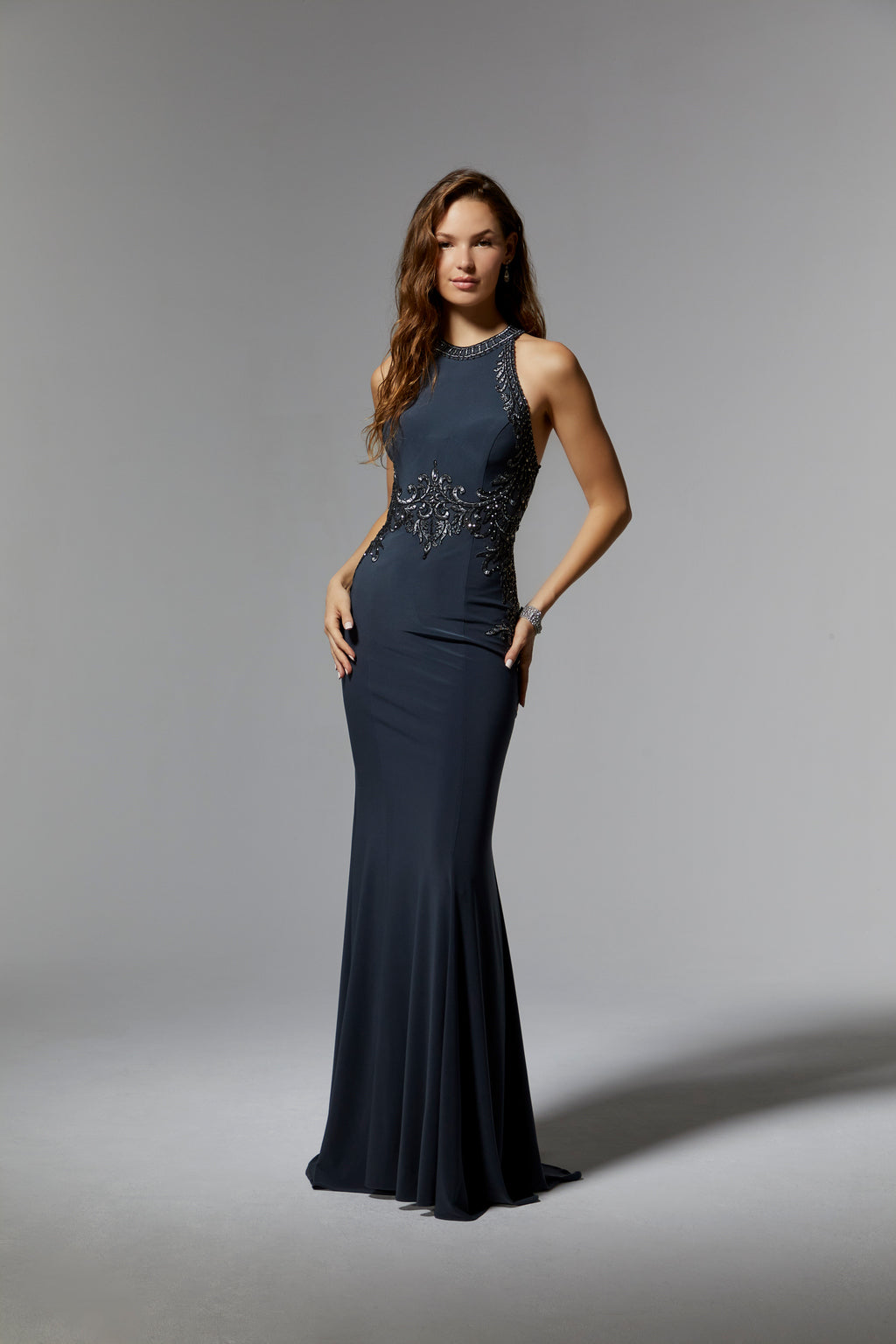 MGNY Madeline Gardner New York 71625 Long Halter Fitted Evening Gown Navy Charcoal