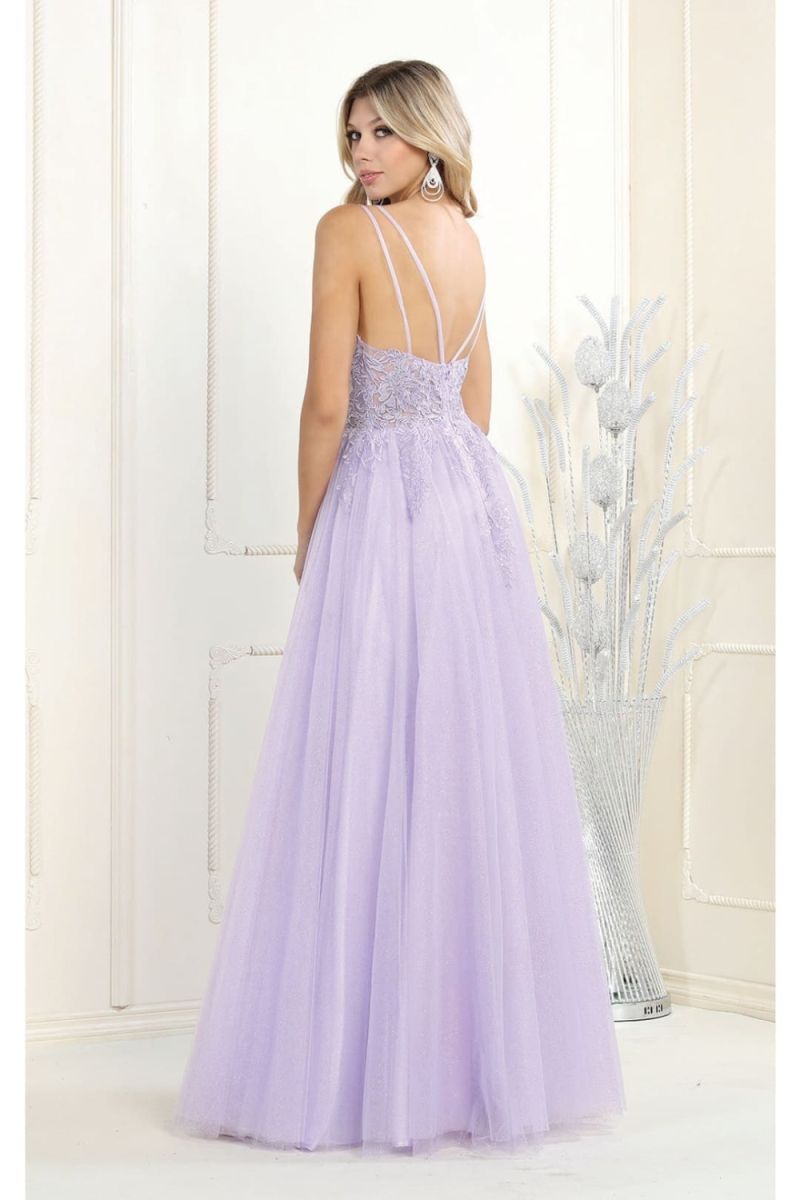 V-Neck Floor-Length Tulle Prom A-Line May Queen RQ7957