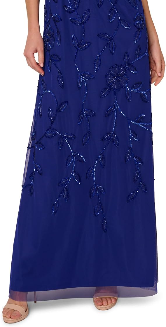 Dark Blue Violet Adrianna Papell AP1E211232 Bateau Long Mesh Evening Dress Allover Beaded Vine