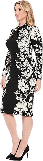 London Times T7593M Cross-Front Short Floral Jersey Cocktail Long Sleeves