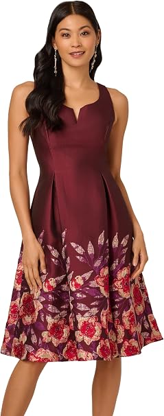 Plum Multi Adrianna Papell AP1D106034 Scoop-Neck Short Shantung Cocktail Dress Sleeveless