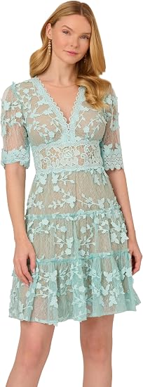 V-Neck Knee-Length Lace Occasion Fit & Flare Adrianna Papell AP1D105244