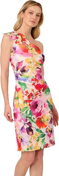 Pink Multi Adrianna Papell AP1D105829 One-Shoulder Short Floral Cocktail Dress with Bow