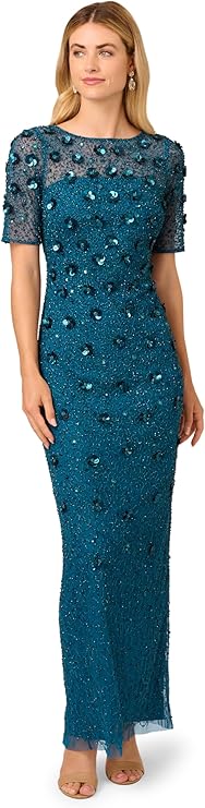 Adrianna Papell AP1E209314 Crew Neck Long Mesh Beaded Applique Formal Dress
