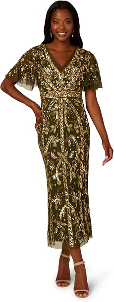 Adrianna Papell AP1E211444 Midi Sequin V Neck Dress