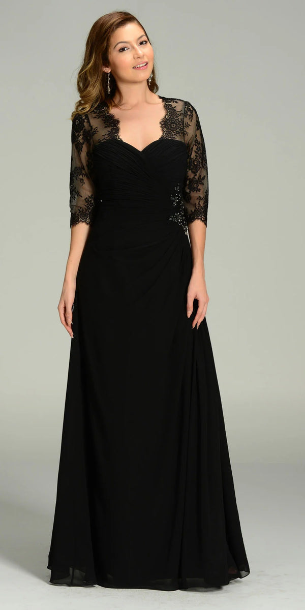 Illusion V-Neck Floor-Length Chiffon Formal Gown with Lace Sleeves Poly USA 7210