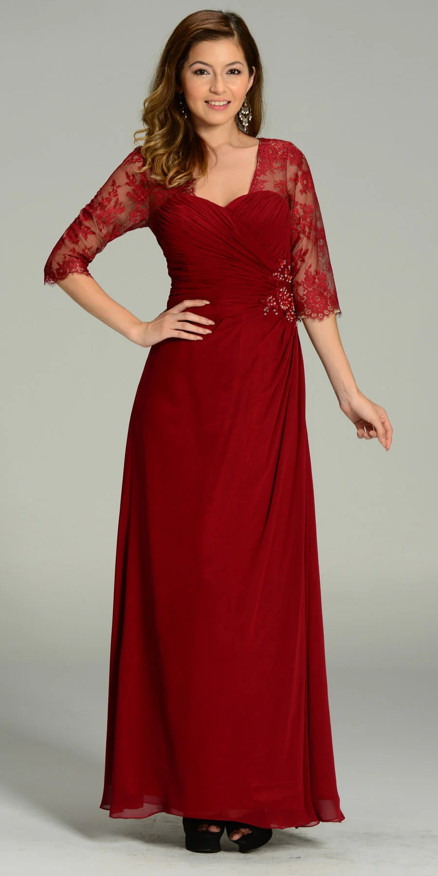 Burgundy Illusion V-Neck Floor-Length Chiffon Formal Gown with Lace Sleeves Poly USA 7210