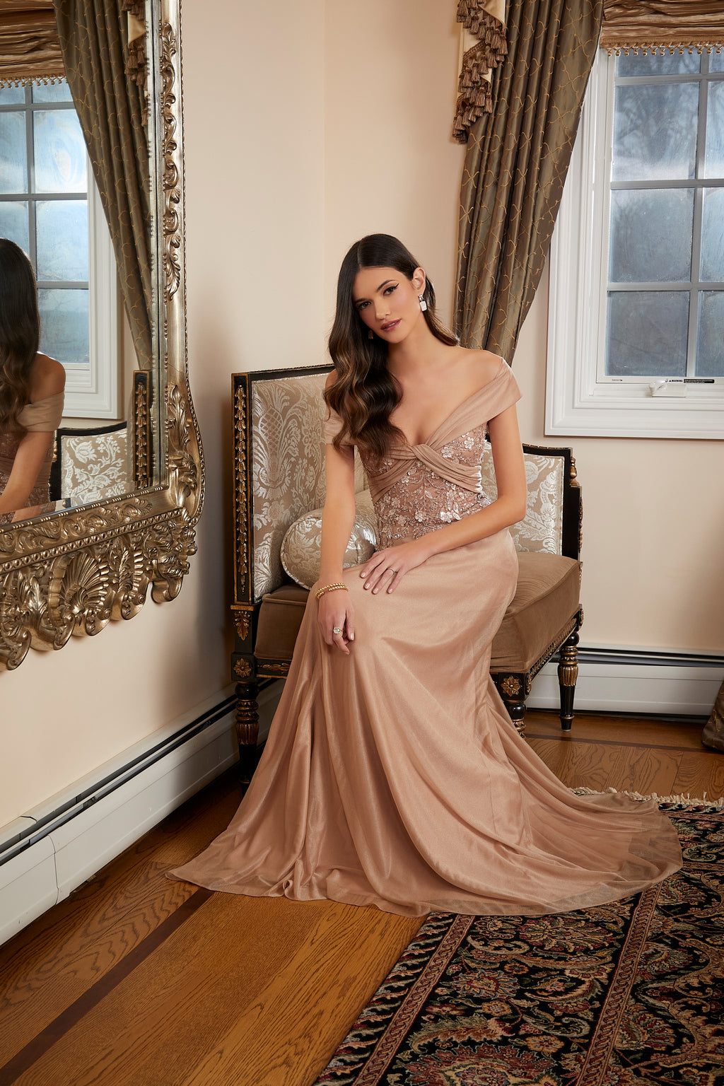 MGNY Madeline Gardner New York 72814 Long Beaded Floral Formal Dress