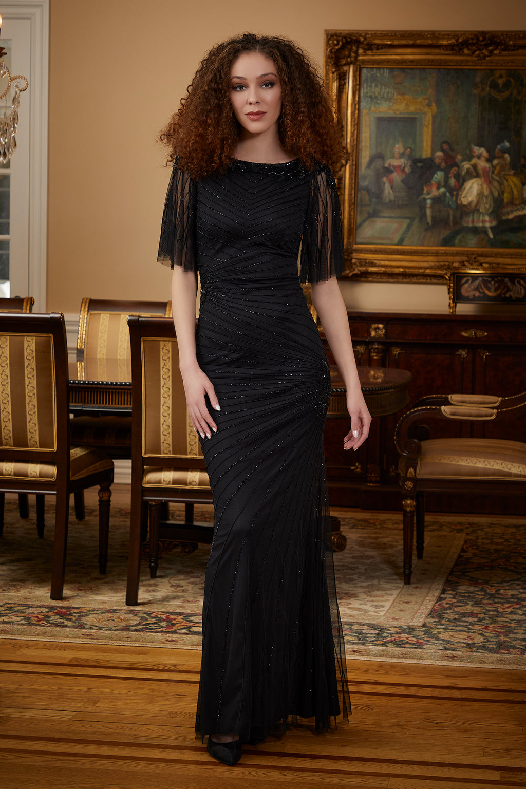 Mother of the Bride Dresses Long Formal Flutter Sleeve Evening Gown Black