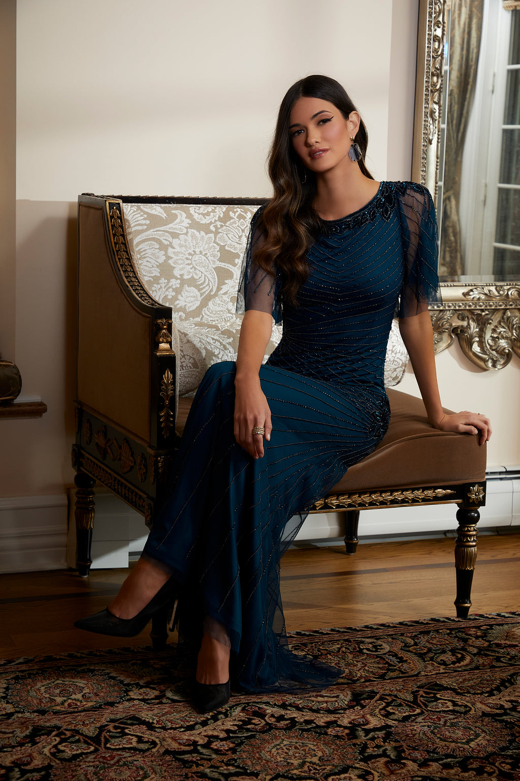 MGNY Madeline Gardner New York 72815 Long Formal Flutter Sleeve Evening Gown