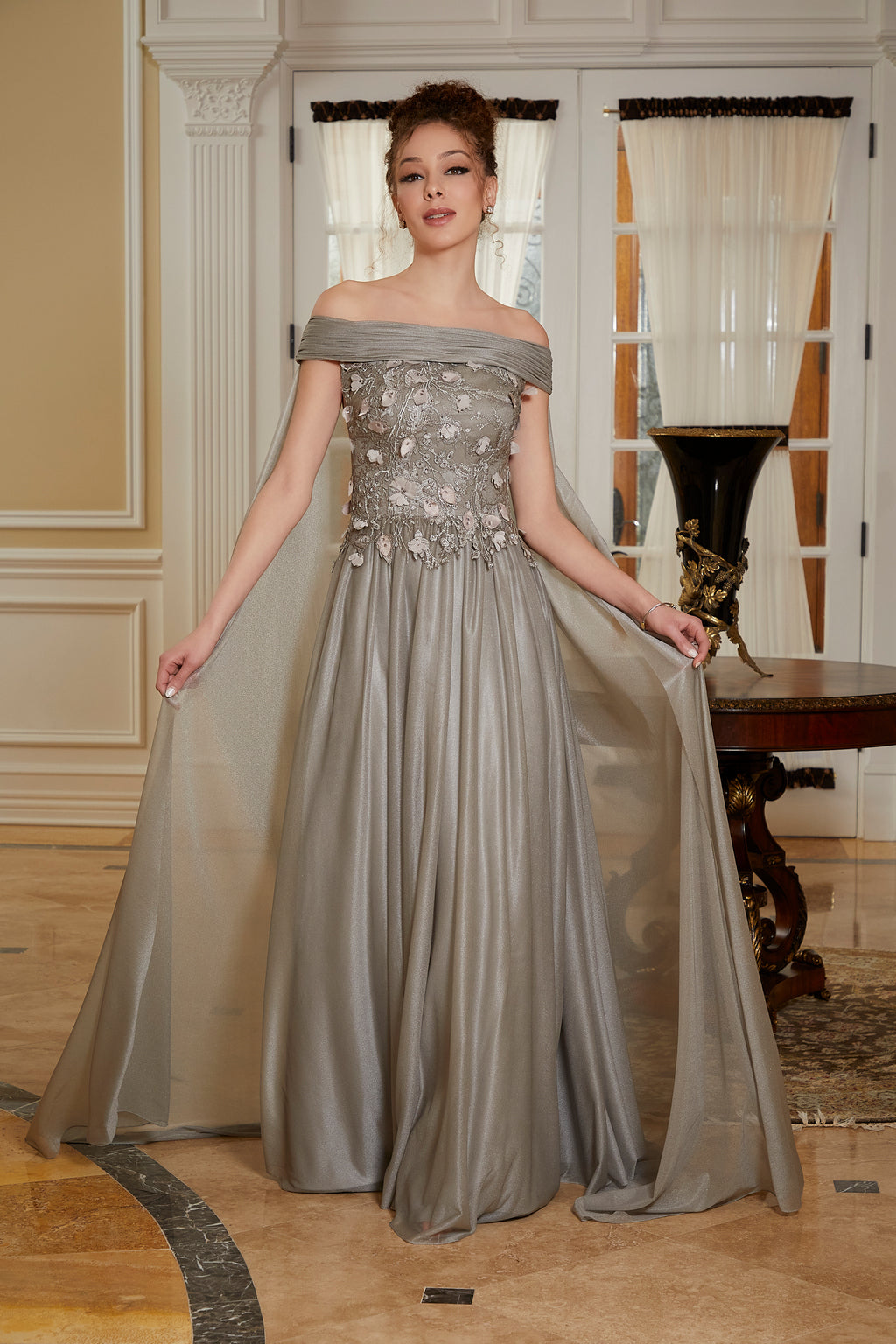 Mother of the Bride Dresses Long Formal Dress with Detachable Cape Pewter