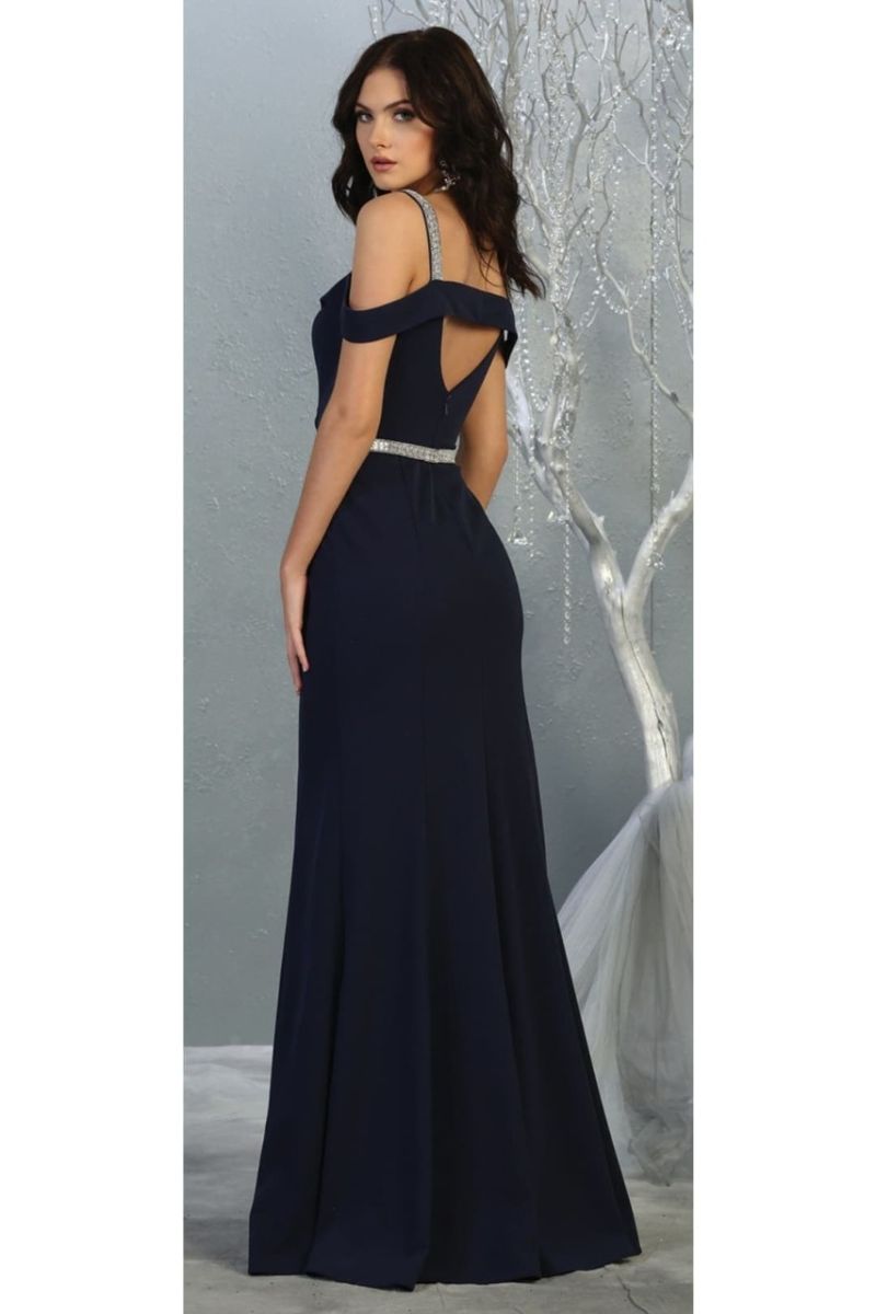 Navy Cold-Shoulder Floor-Length Jersey Prom Dress May Queen MQ1765