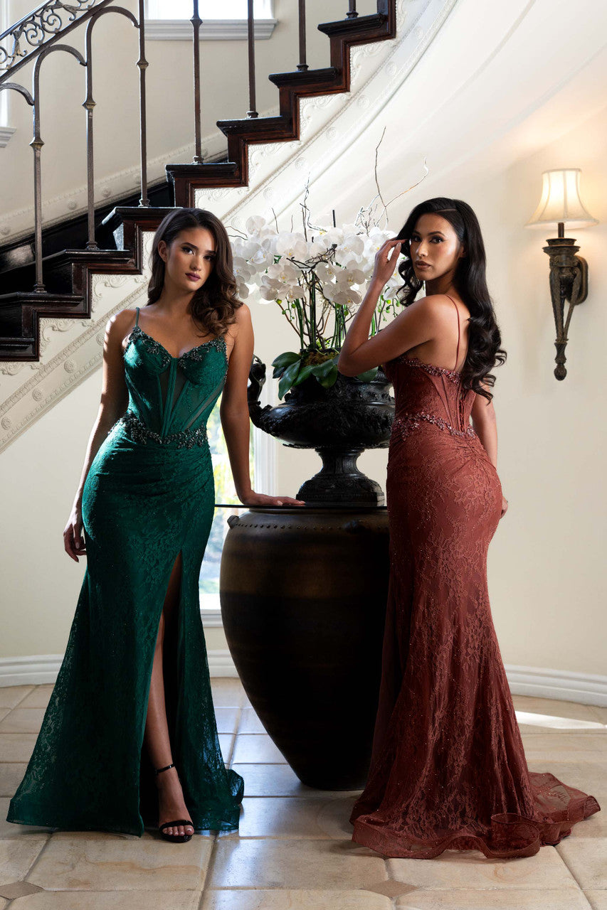 Prom Dresses Long Corset Formal Prom Lace Fitted Dress Lenovia 8462 Hunter Green