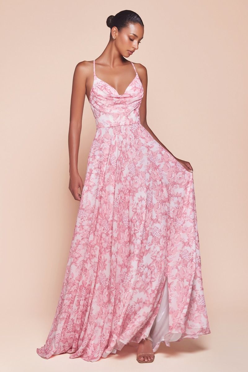 LaDivine CD7444 Long Formal Floral Print Prom Dress