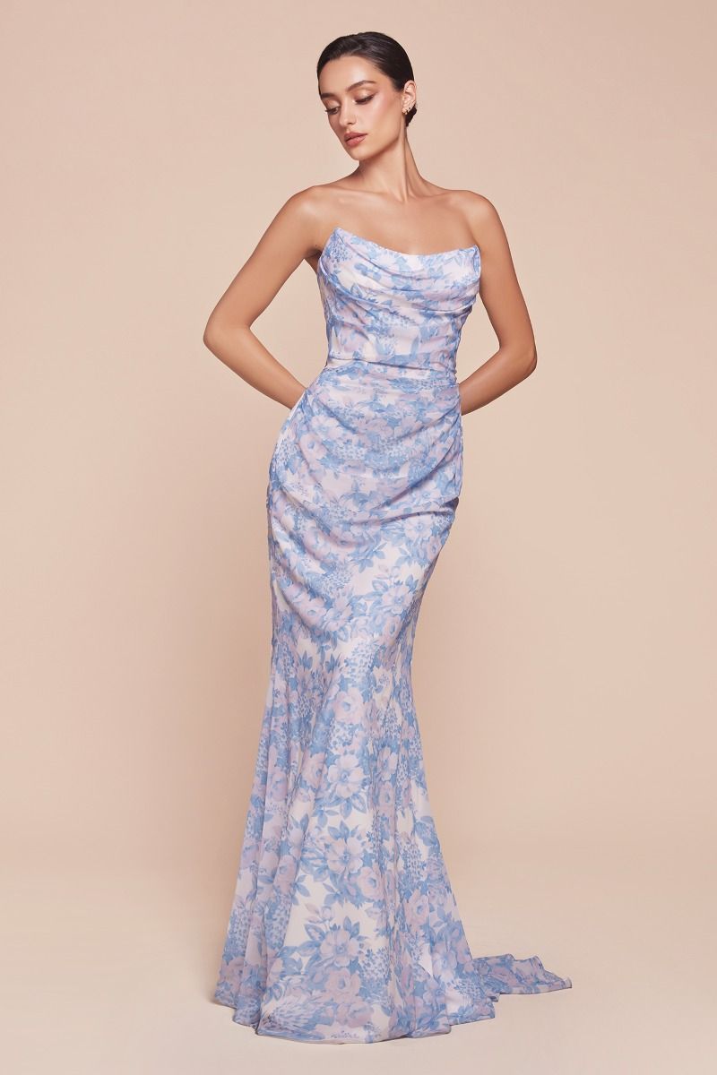 LaDivine 7445 Long Formal Prom Floral Print Dress
