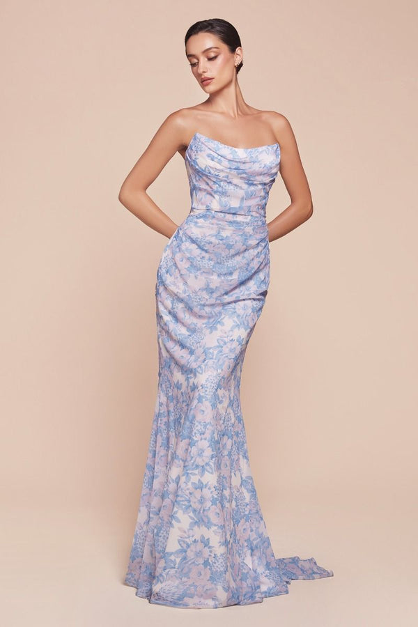 LaDivine 7445 Long Formal Prom Floral Print Dress