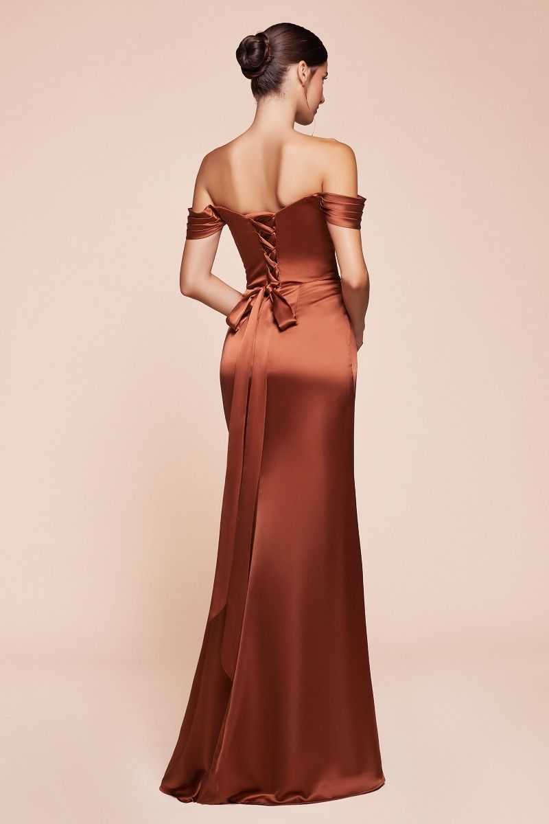 blue dress for baby girl A-Line Off Shouder Satin Brown Long Prom Dress, Brown Long Formal Dress