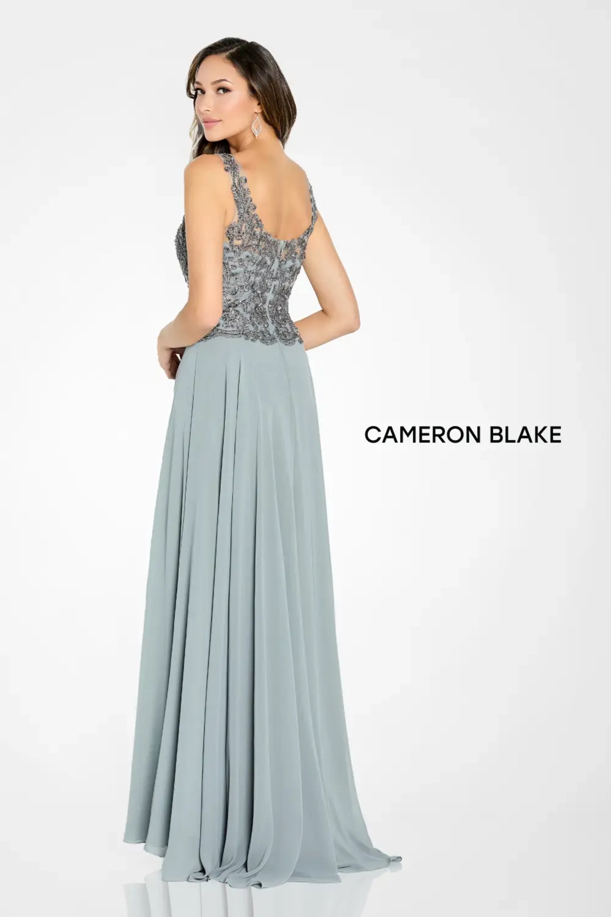 Cameron Blake CB138 A Line Long Metallic Lace Formal Evening Dress