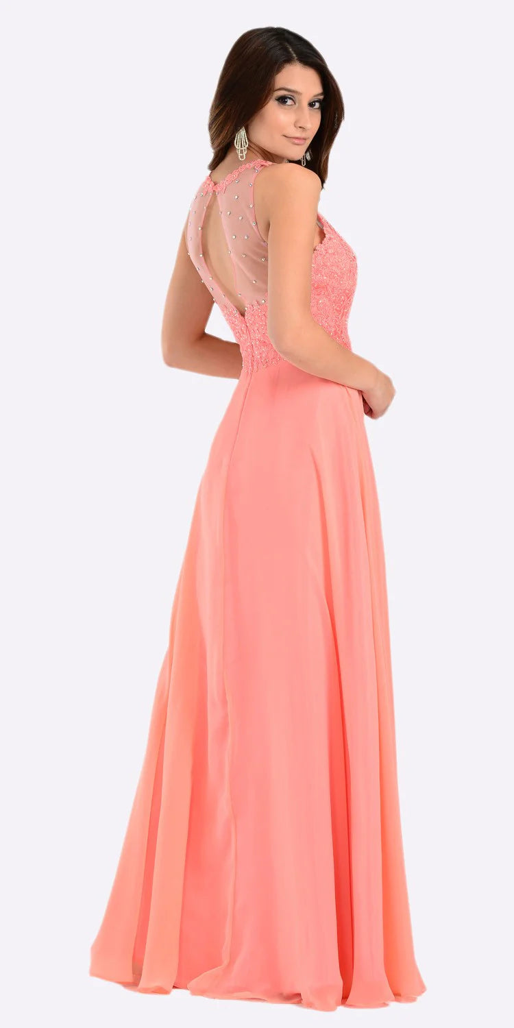 Coral Illusion Jewel Floor-Length Chiffon Formal Gown Lace Applique Poly USA 7454 