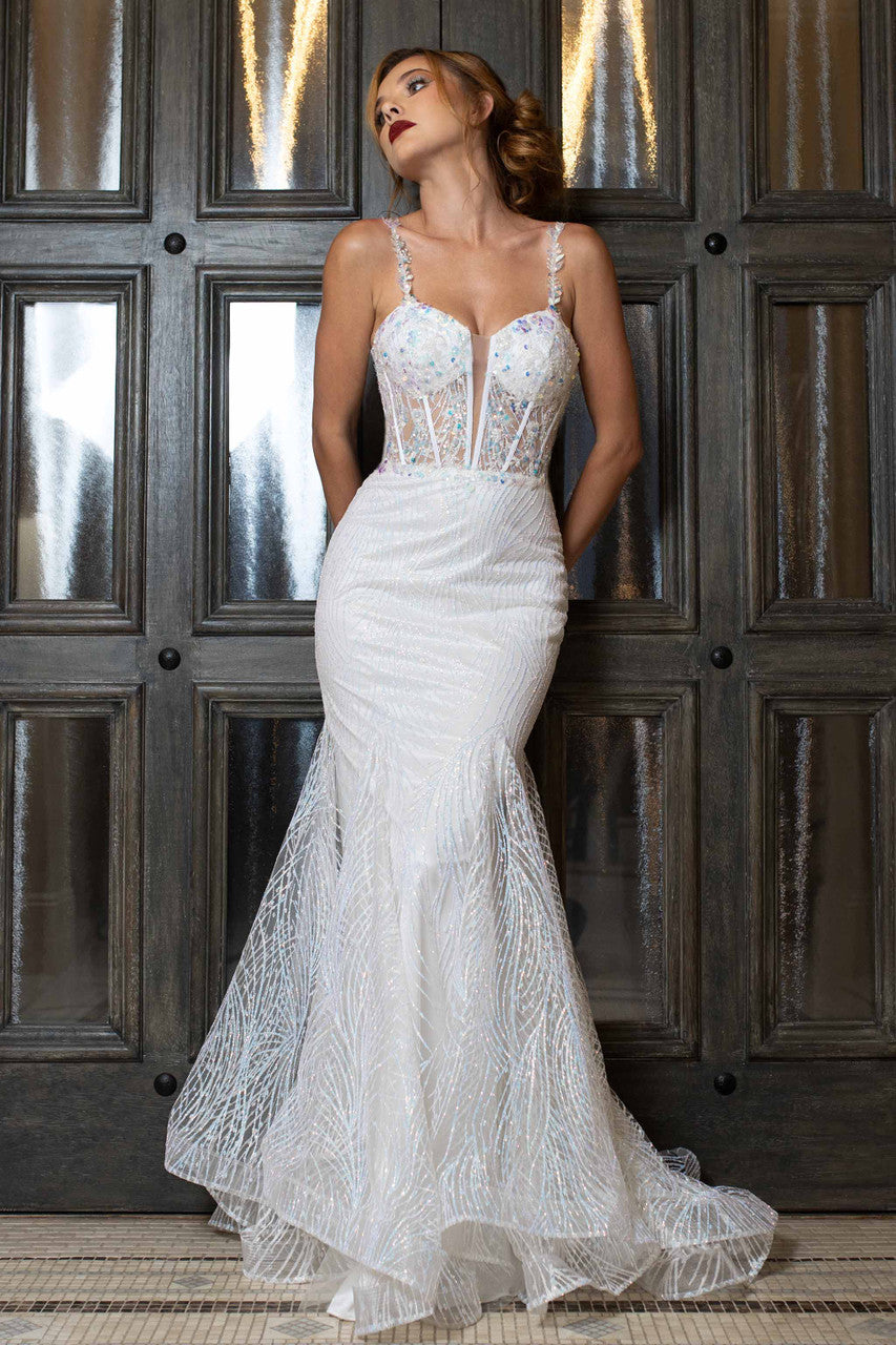 Glitter Off Shoulder Mermaid Dress by Lenovia 8430 2XL / White