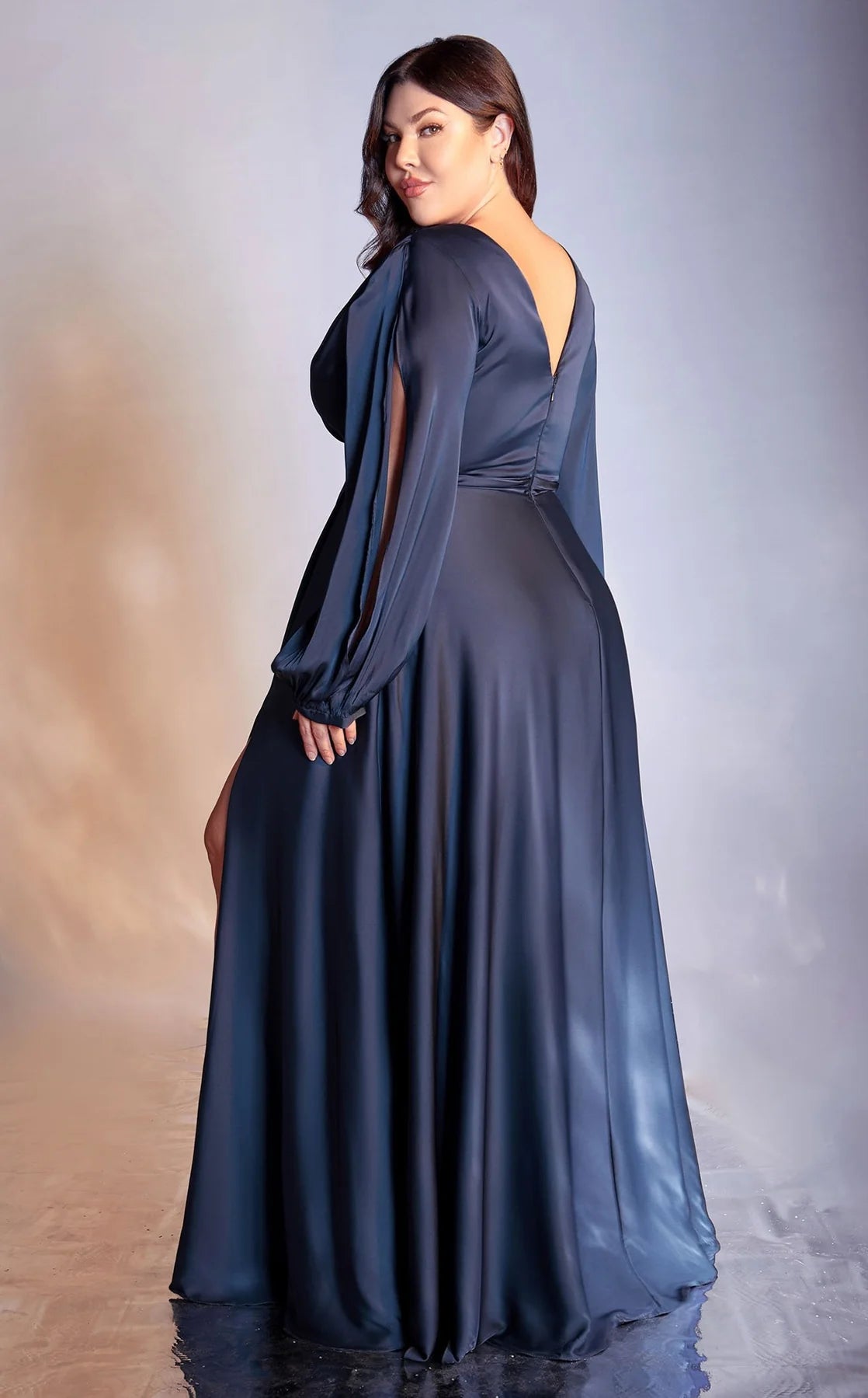 LaDivine 7475C Plus Size Formal Long Sleeve Satin Dress