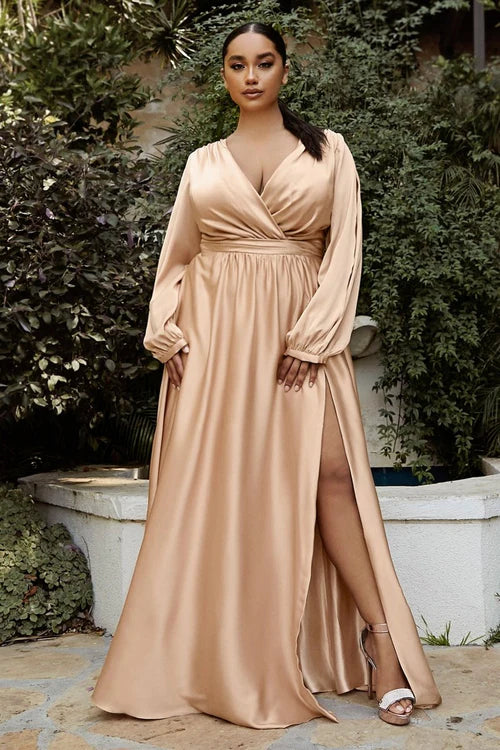 LaDivine 7475C Plus Size Formal Long Sleeve Satin Dress